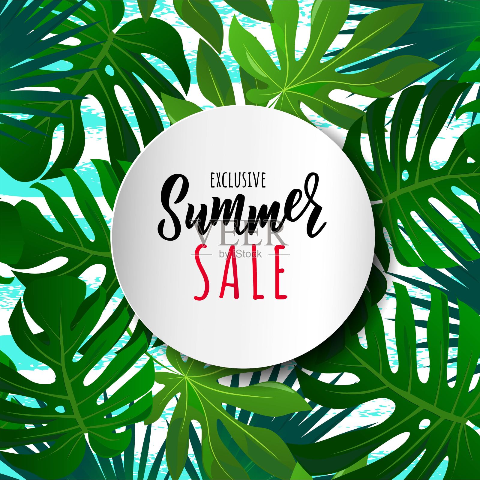 夏季大减价，横幅热带树叶和。手字母文字。季节假期，周末，假日标志。非常适合卡片，小册子，图标，传单，广告海报模板。设计元素图片
