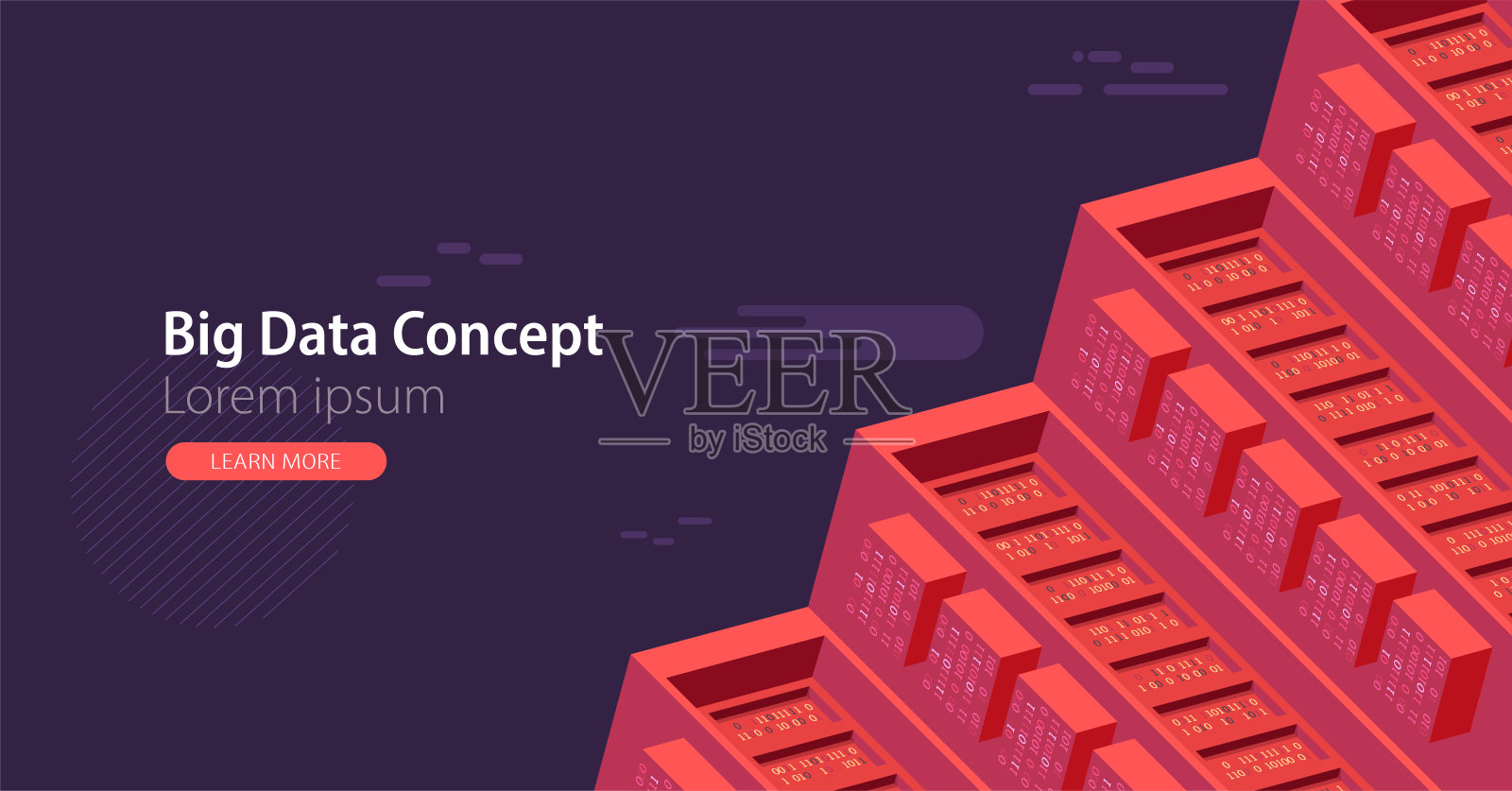 等距卡通技术背景。大数据概念。二进制计算机代码。矢量插图。插画图片素材