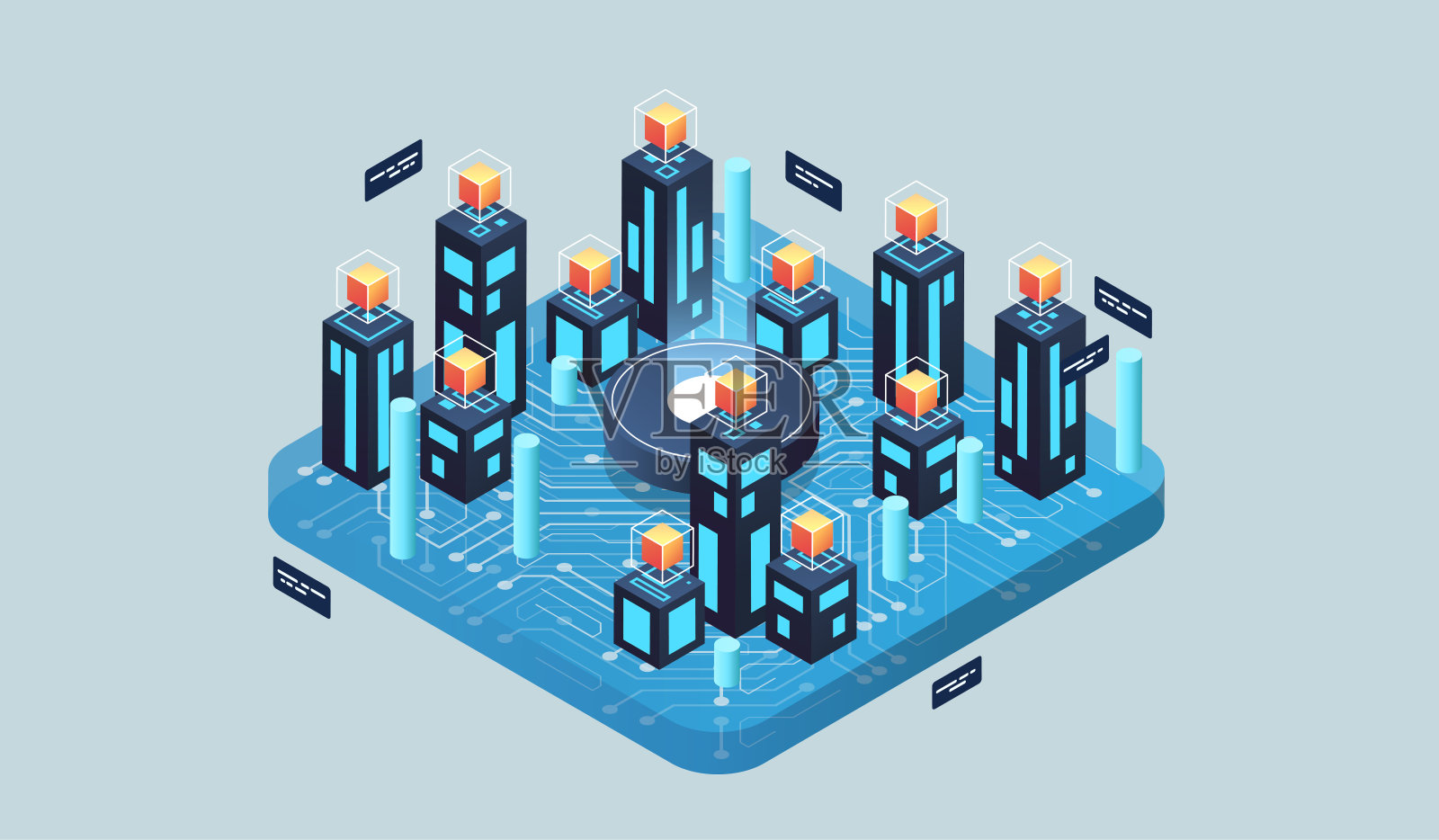 等距设计概念虚拟现实和增强现实。软件开发和编程。大数据中心计算，量子计算机等距矢量技术插画图片素材