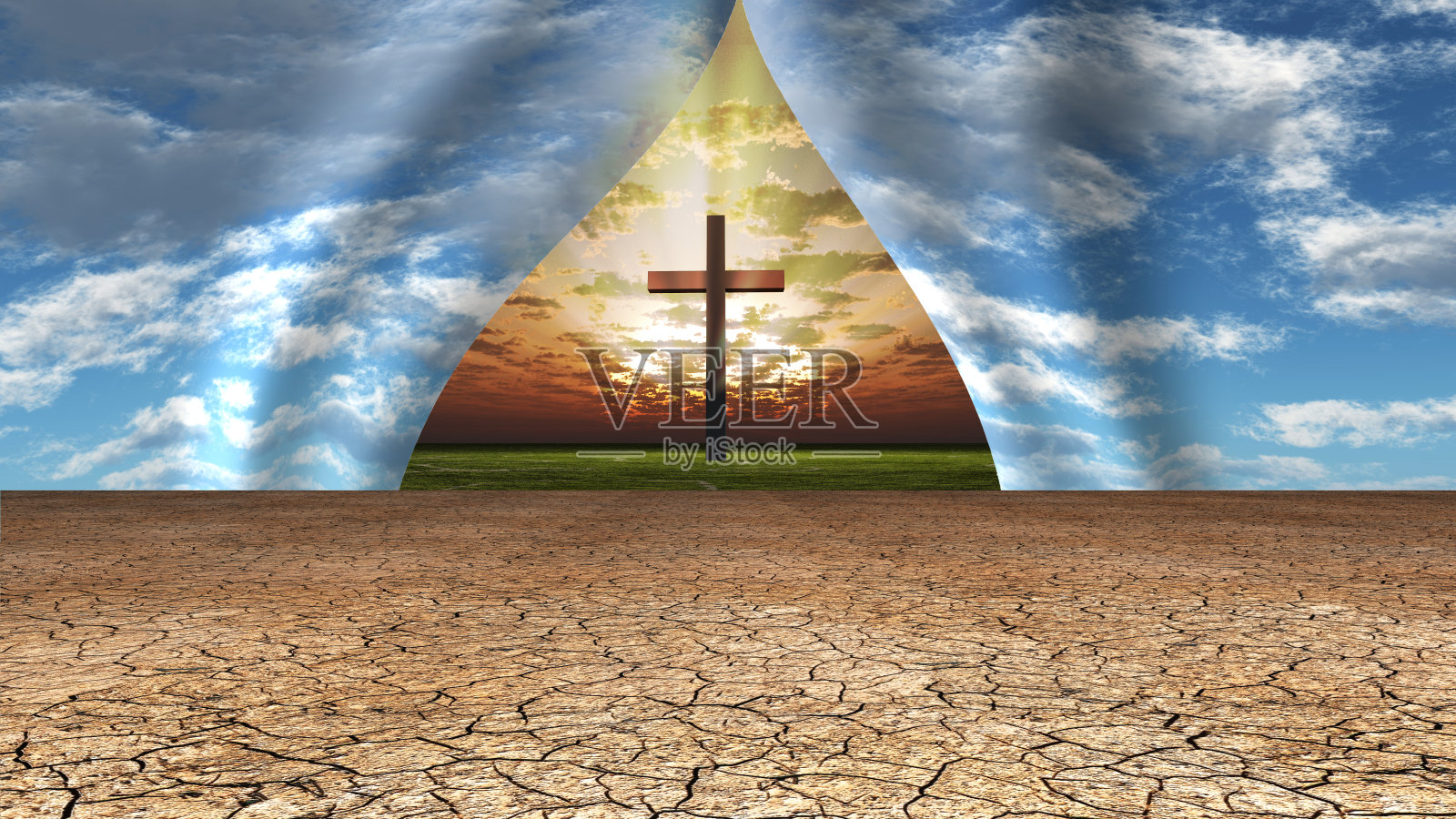天空被拉开，露出十字架照片摄影图片