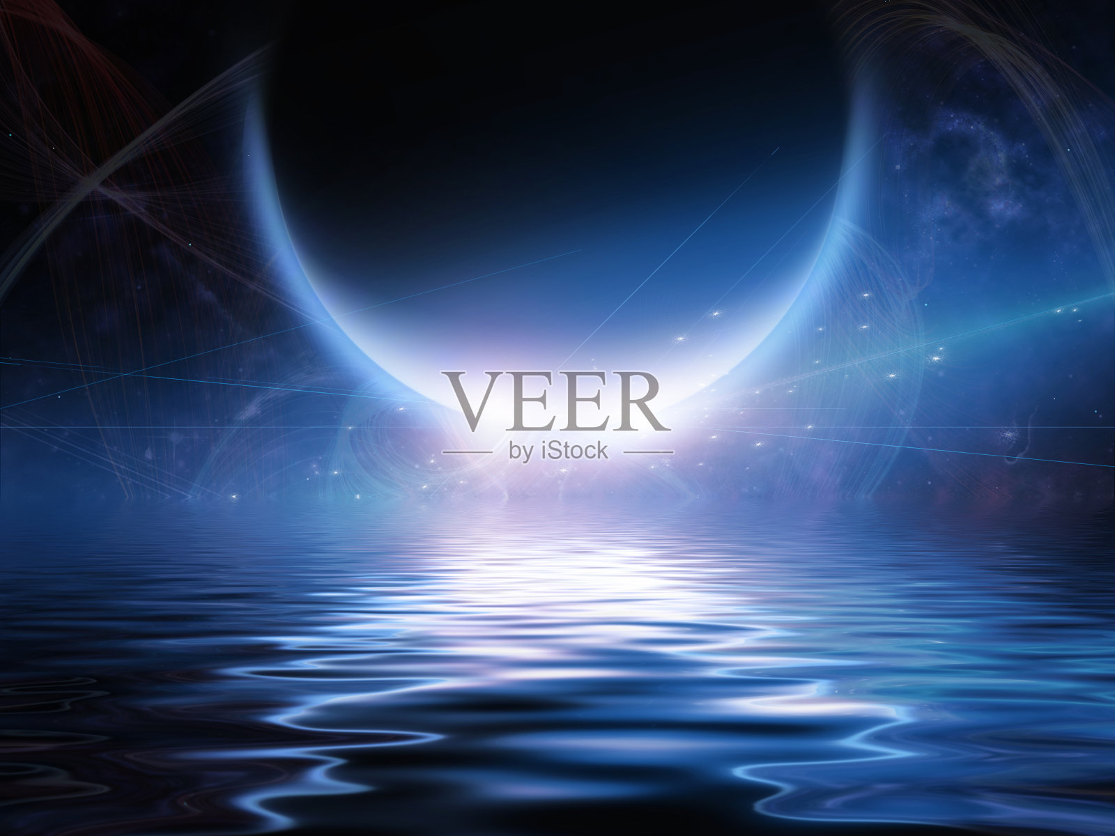 太阳系外行星在平静的水面上升起照片摄影图片