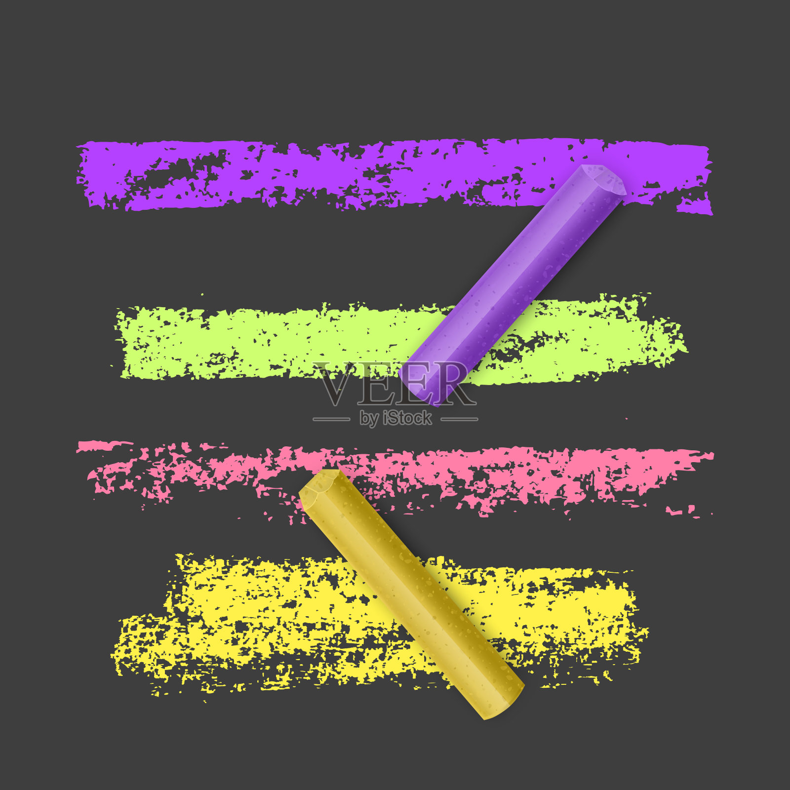 一套明亮，彩色粉笔笔刷在黑暗的背景。带有粉笔纹理的垃圾线条。手绘设计元素插画图片素材