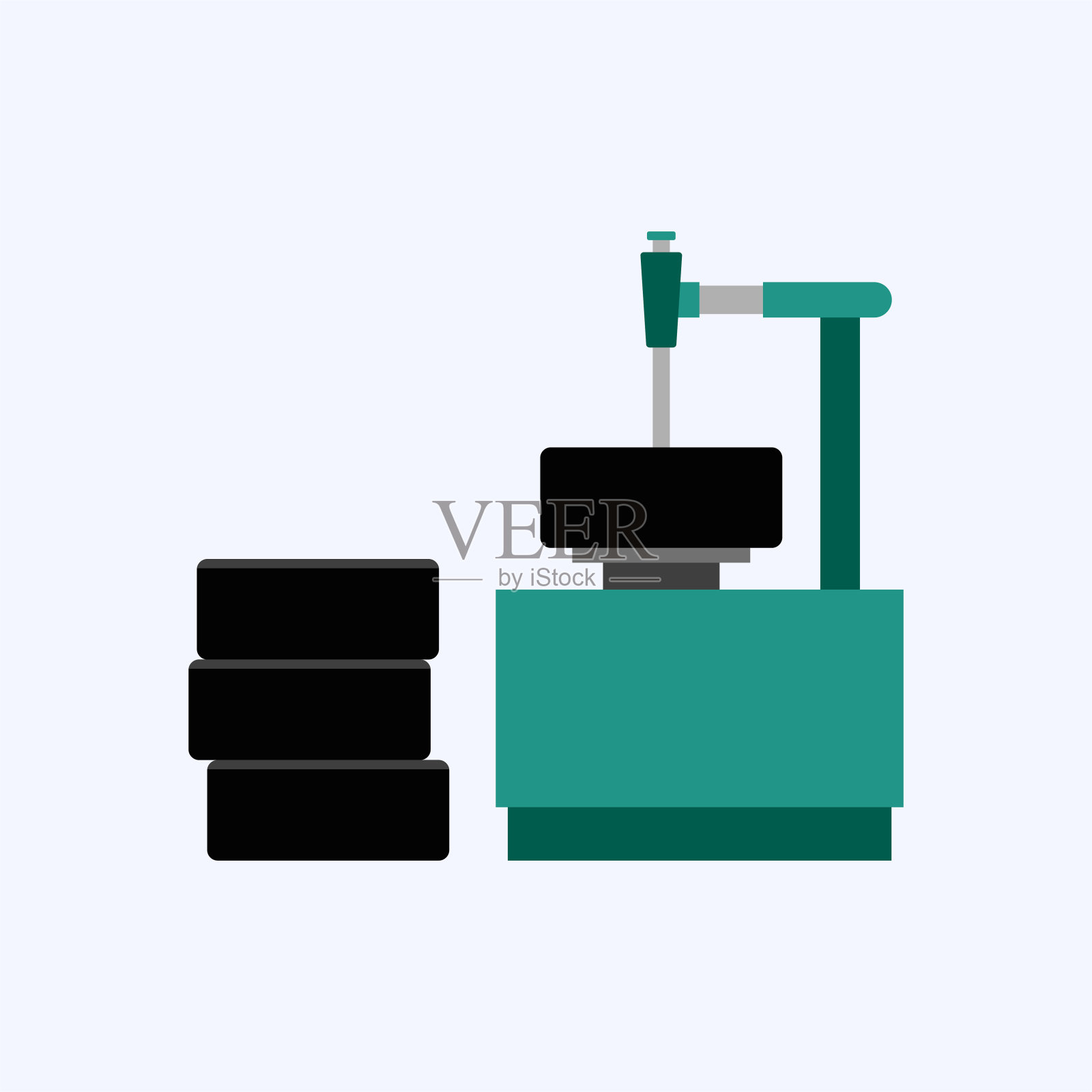 轮胎更换机与堆叠轮胎在蓝色背景插画图片素材