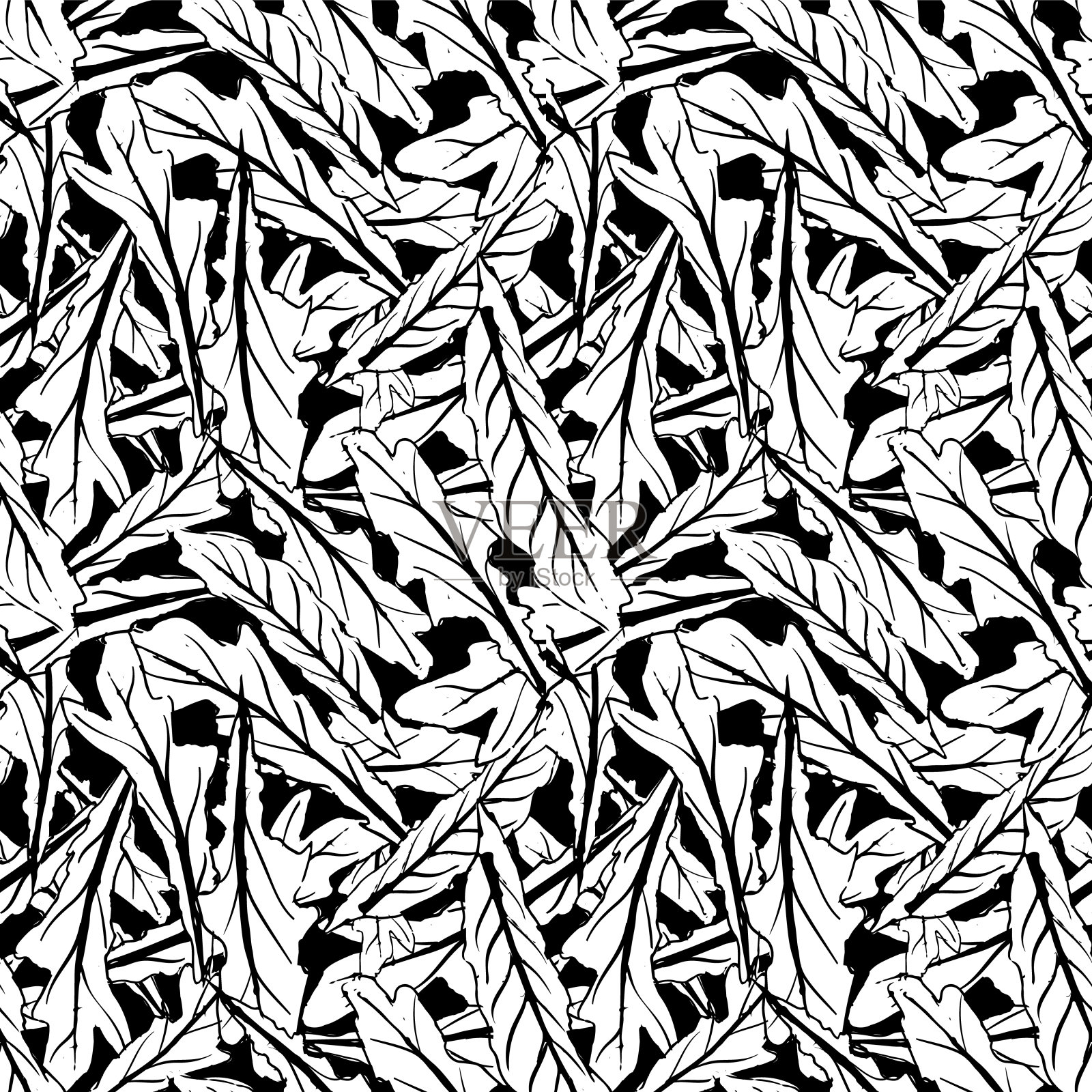 矢量蒲公英叶无缝图案。黑色和白色的叶子纹理背景。插画图片素材