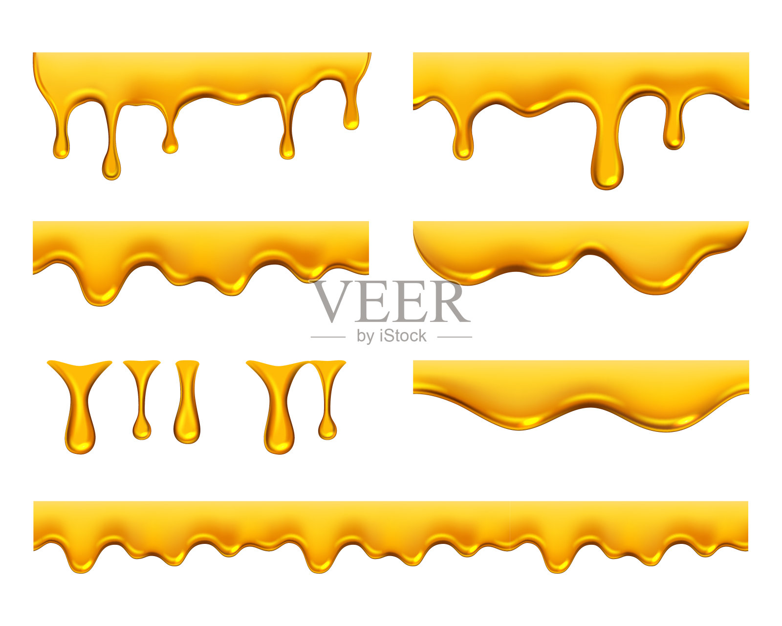 滴蜂蜜。金黄色逼真的糖浆或果汁滴液油喷溅矢量模板插画图片素材