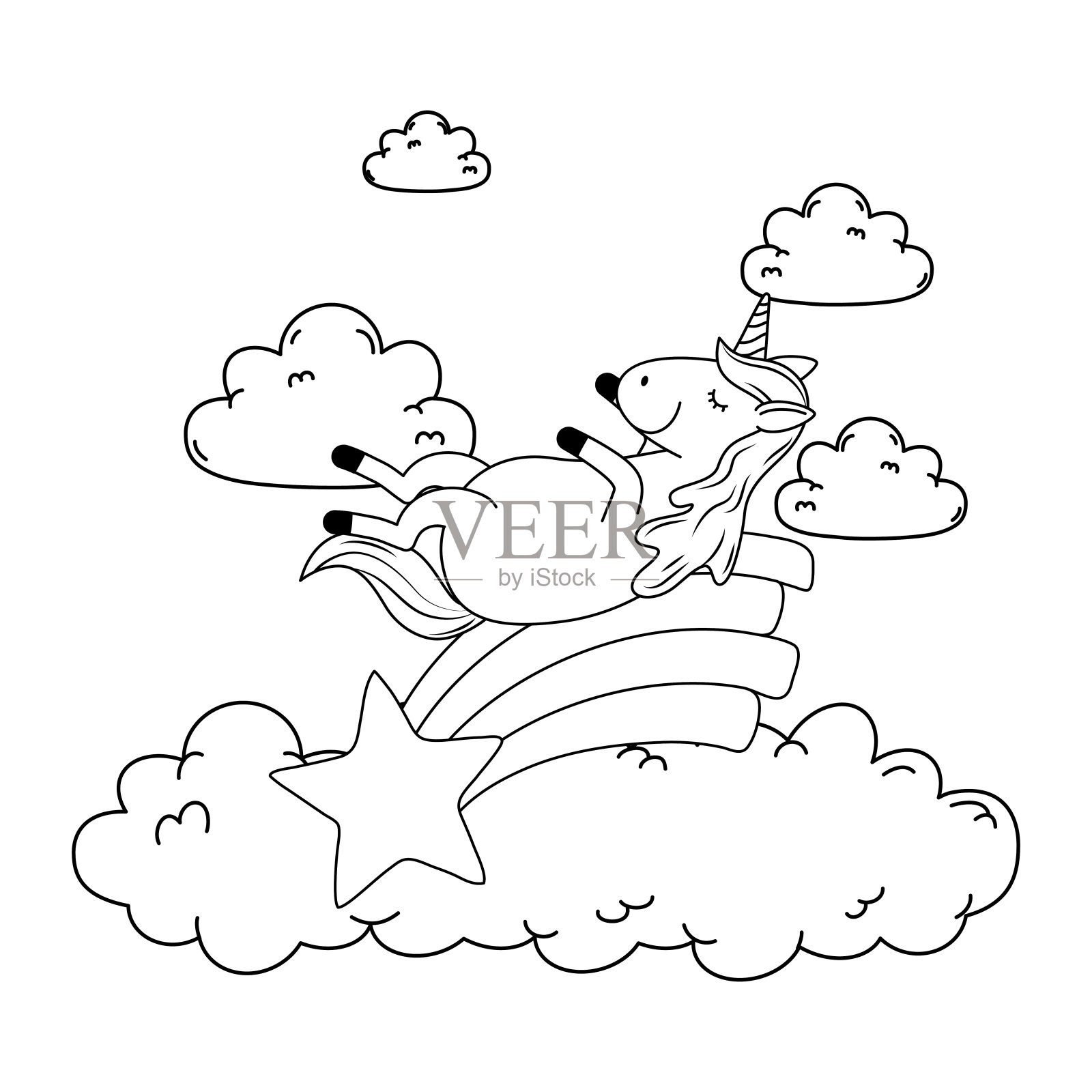 可爱的童话独角兽在云中与彩虹插画图片素材