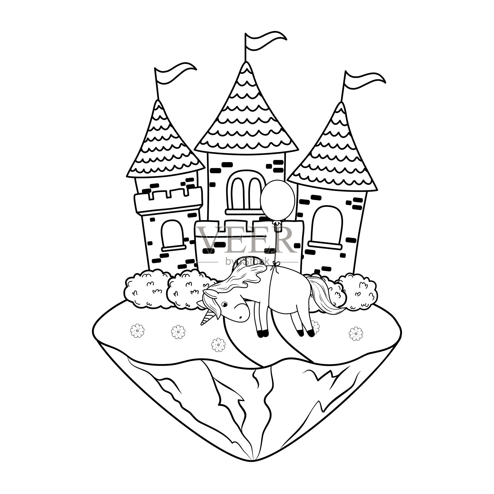 可爱的童话独角兽和城堡的风景插画图片素材