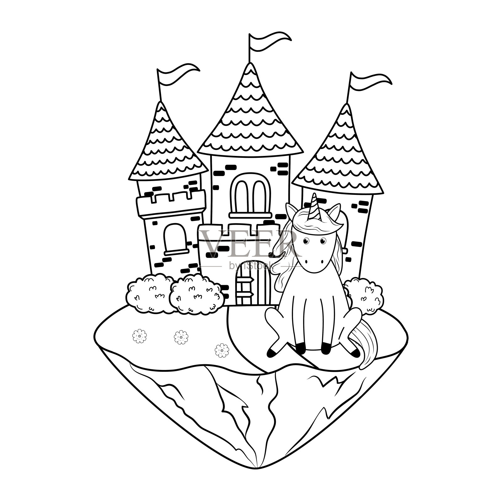可爱的童话独角兽和城堡的风景插画图片素材