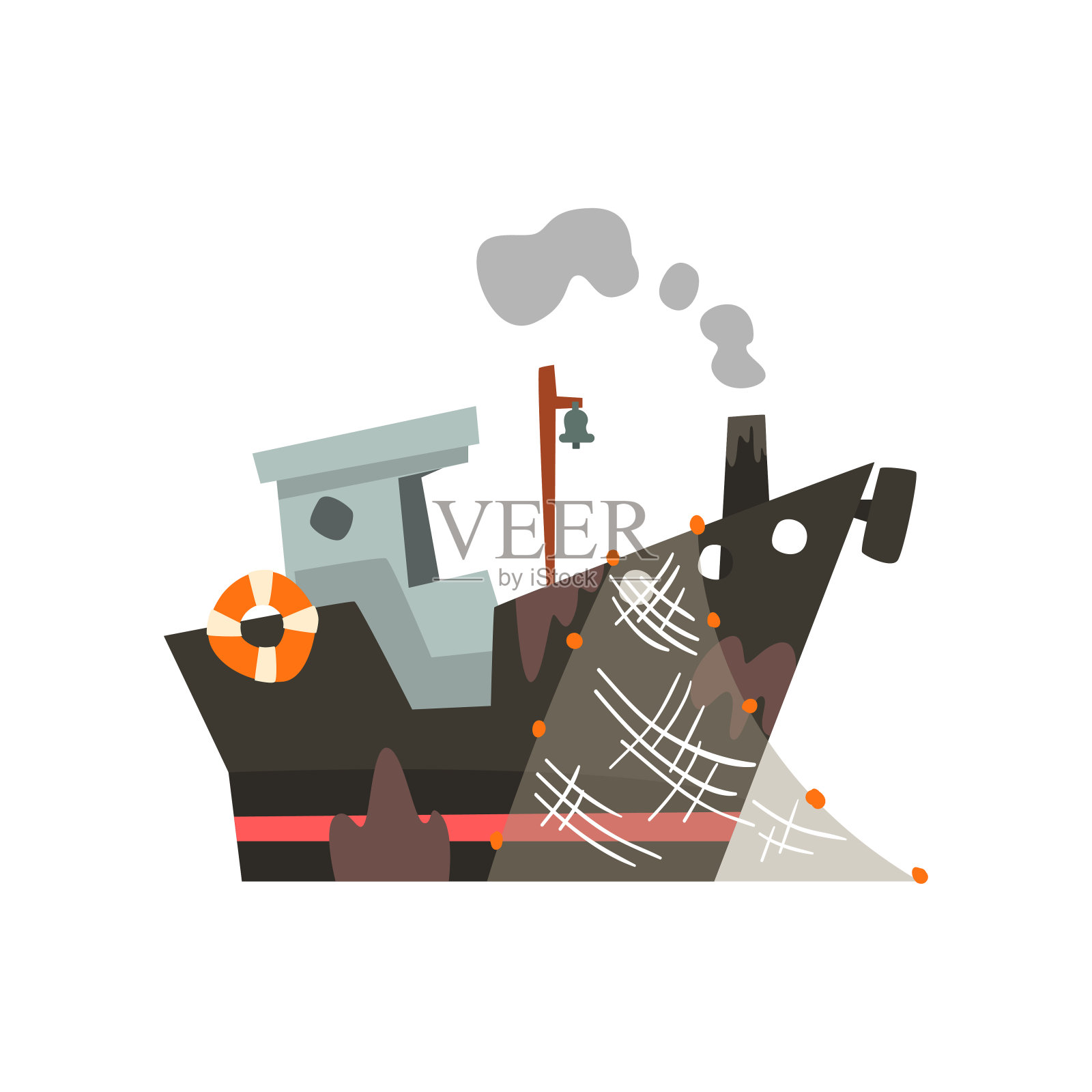 捕鱼拖网渔船用网生产海产品，复古海洋船舶矢量插图插画图片素材