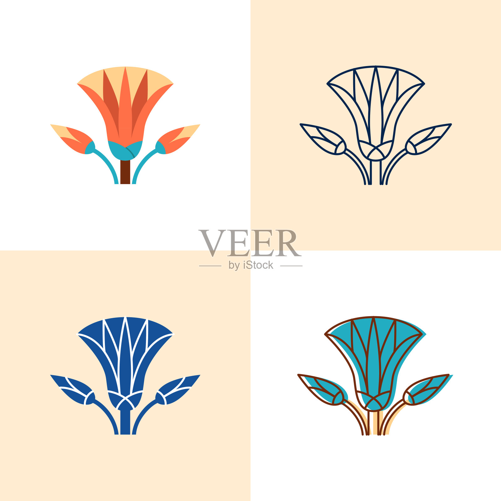 埃及莲花图标设置在平坦和线条风格插画图片素材