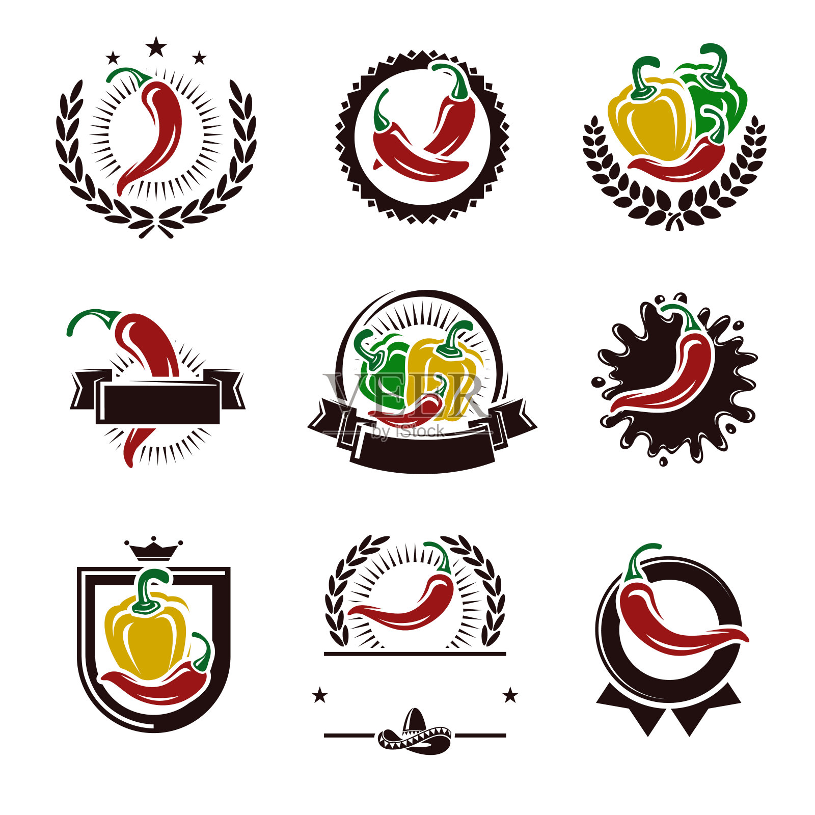 辣椒和辣椒标签元素设置。收藏图标辣椒。向量图标素材