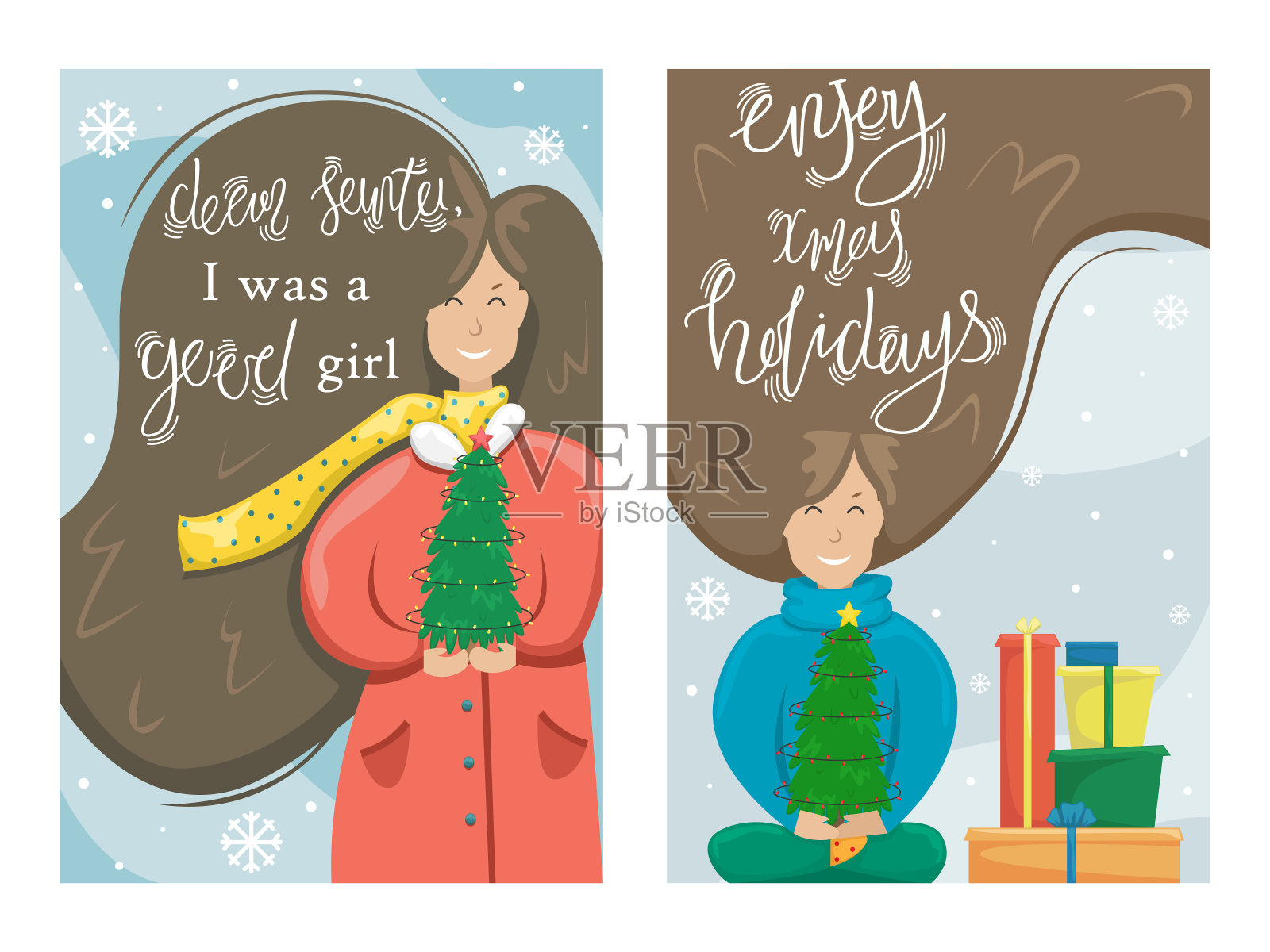 一套矢量圣诞快乐和新年快乐贺卡。插画图片素材