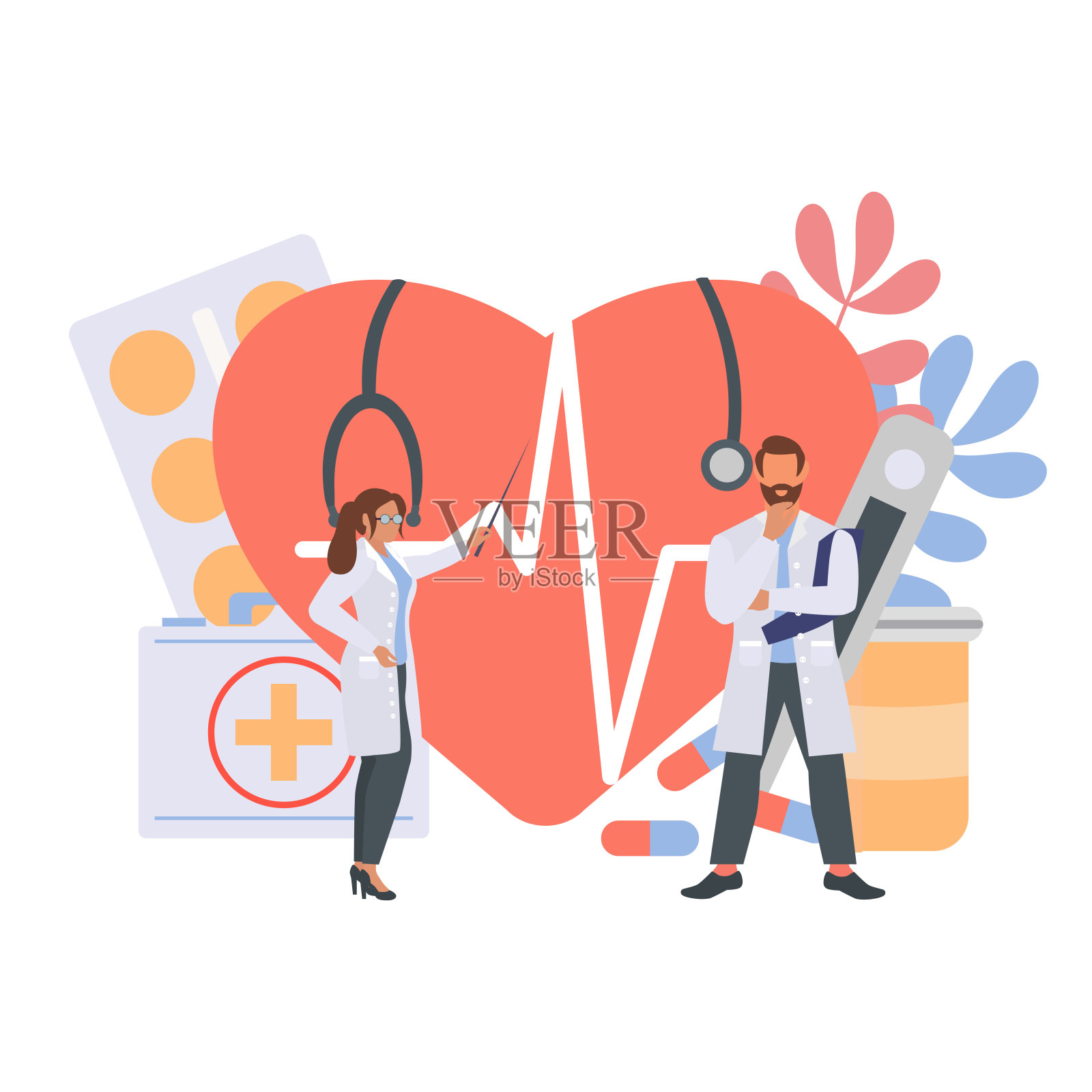 医学概念与微小的人的性格和心脏的脉搏，温度计，药物。插画图片素材