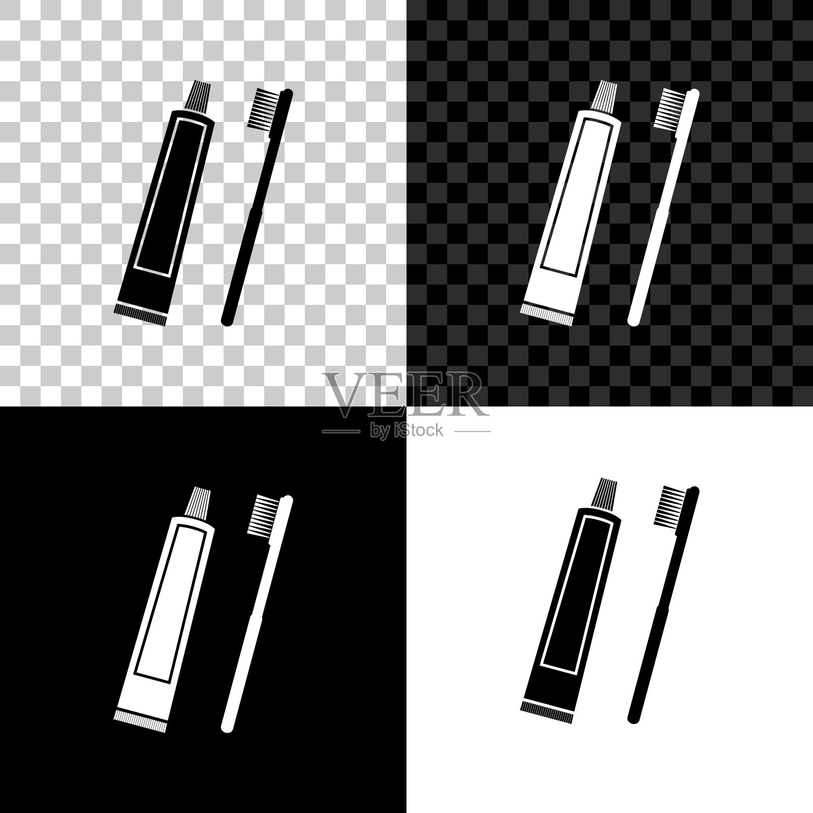 牙膏管和牙刷图标隔离在黑色，白色和透明的背景。矢量图插画图片素材