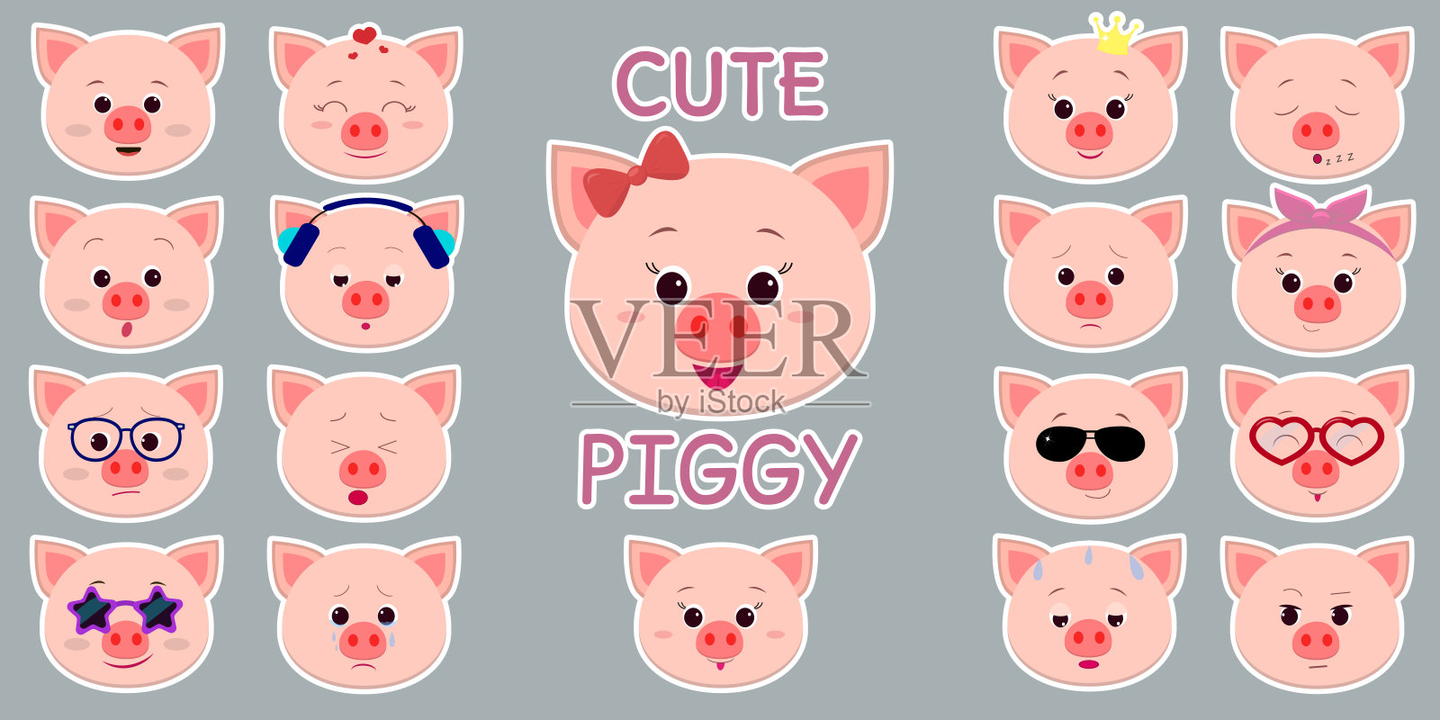 白色笔画贴纸，可爱的猪头，不同情感和配件的mega set。卡通风格，平面设计，矢量插图插画图片素材