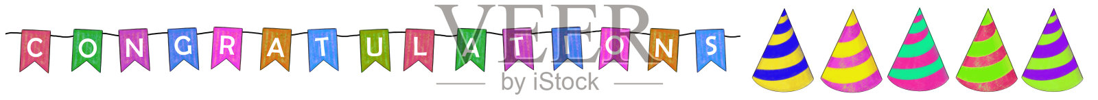 祝贺你。文字彩色旗帜与派对帽子插画图片素材