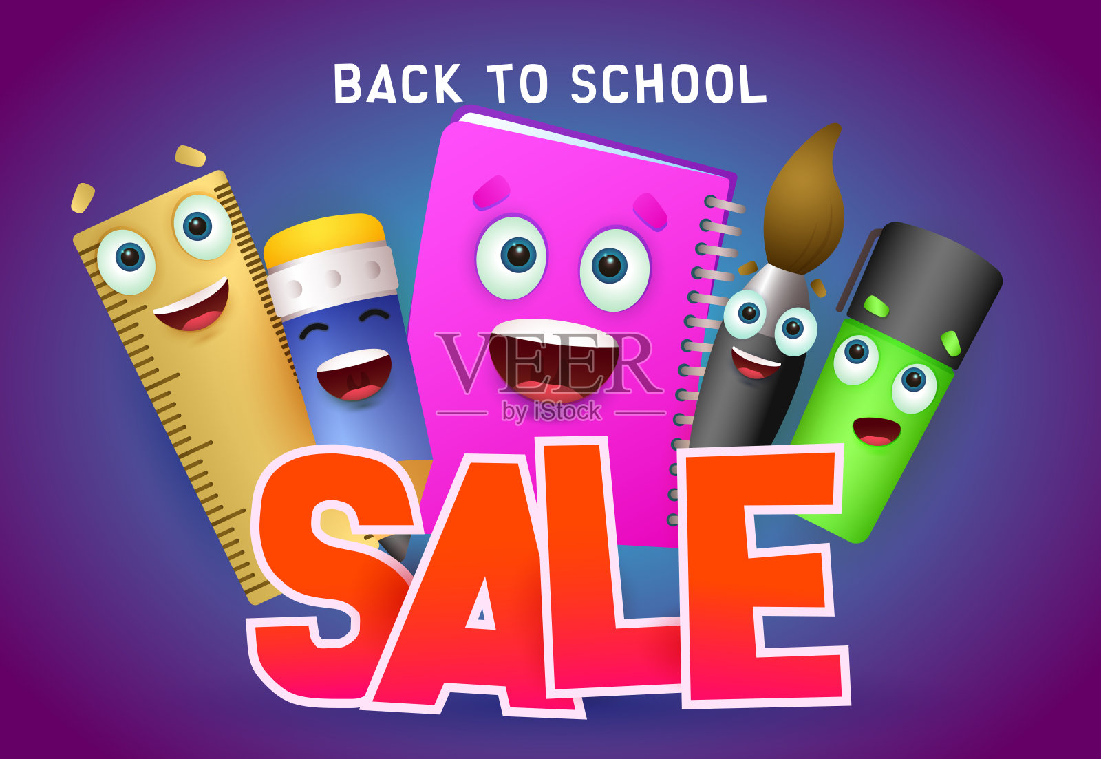 回到学校，销售刻字，抄写本，尺子，铅笔，毛笔插画图片素材