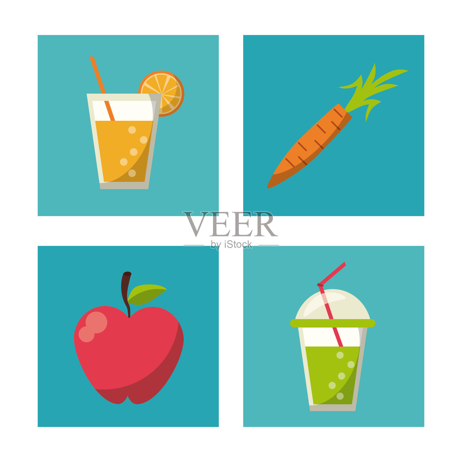 五彩缤纷的方形按钮，健康的水果和饮料插画图片素材