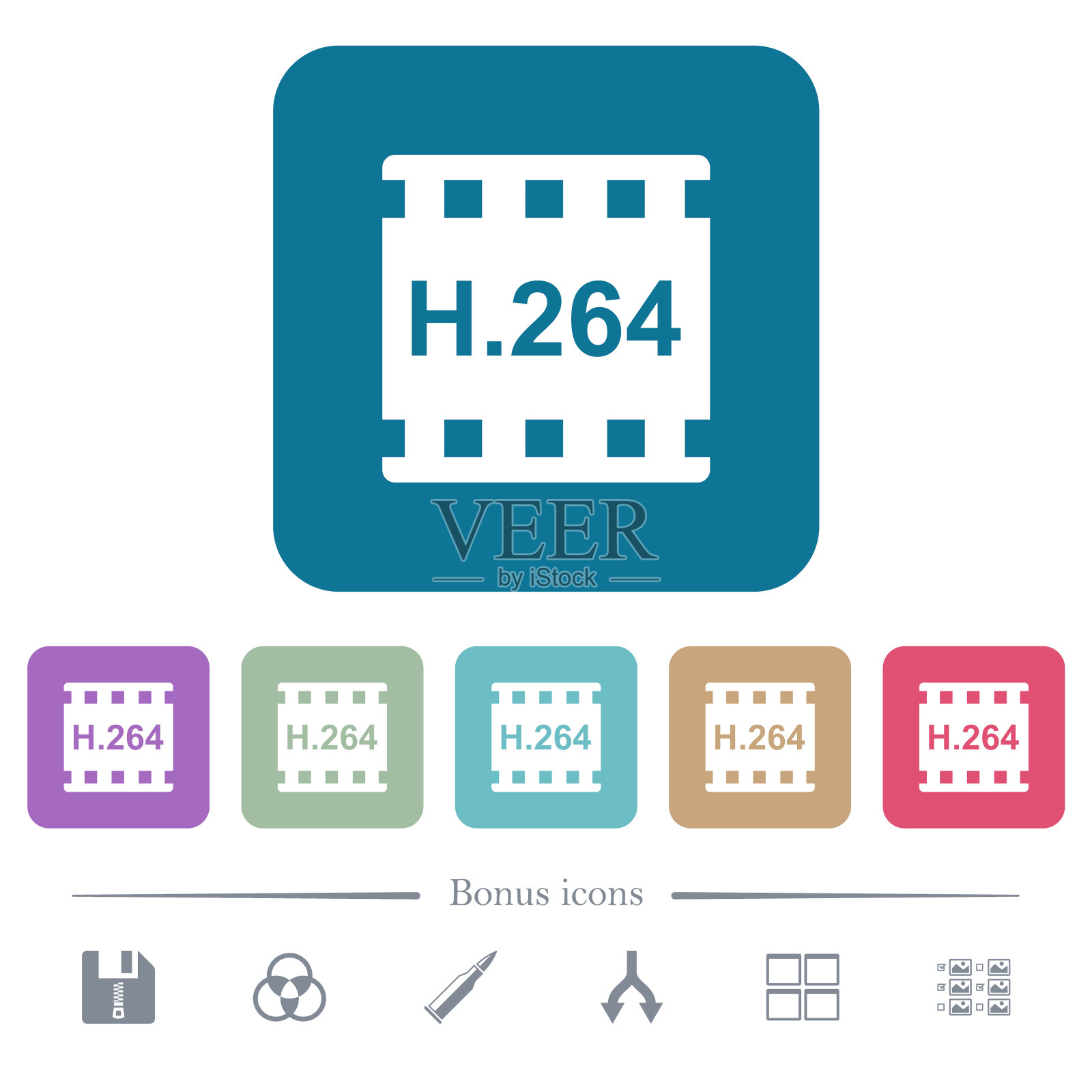 H.264电影格式平面图标的颜色圆角方形背景图标素材