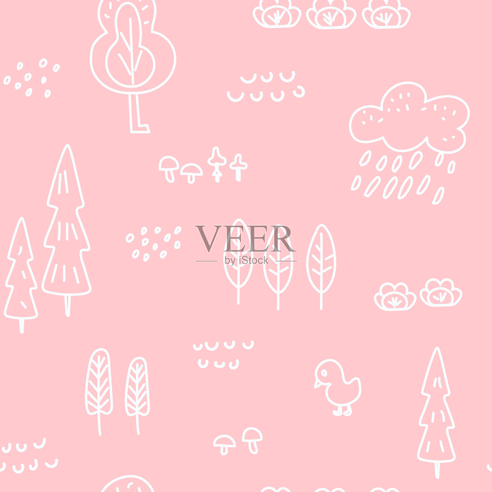 可爱的儿童无缝图案与森林主题。凉爽明亮的装饰品适合印刷品，纺织品，封面，礼品包装，背景。矢量插图。设计元素图片