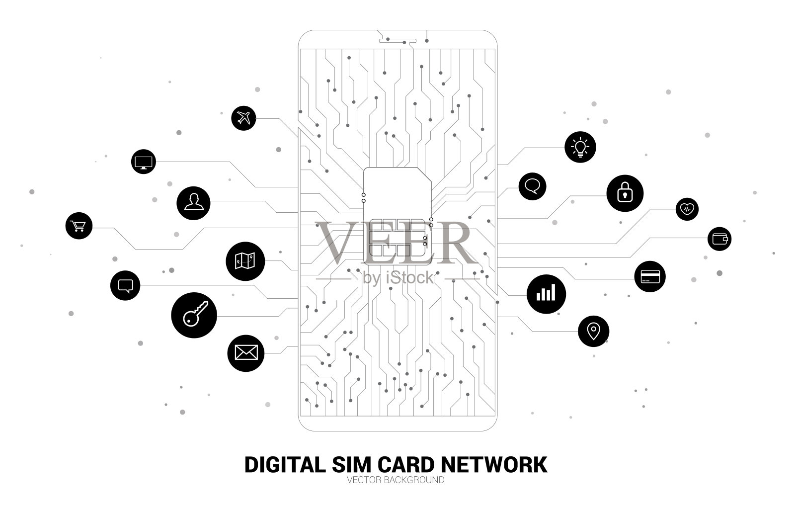 向量多边形点连接线形状的sim卡图标在手机线路板风格的功能图标。插画图片素材