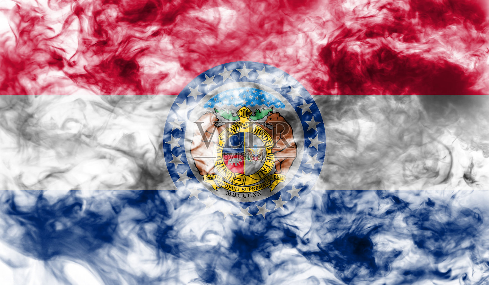 美国密苏里州的国旗在独立那天在灰色的烟雾中以不同颜色的蓝、红、黄。政治和宗教纠纷，海关和运输。照片摄影图片