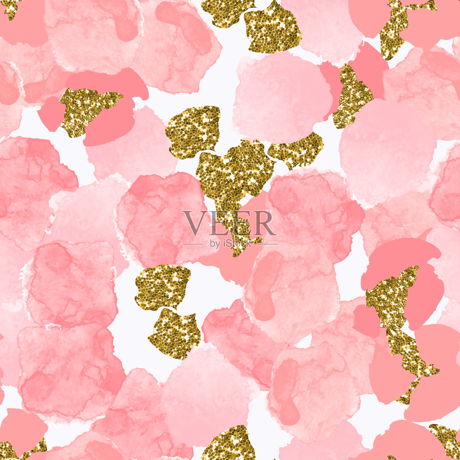 色彩、抽象、多样的无缝图案，以色彩丰富的水彩和金色的闪光形状做成矢量插画图片素材