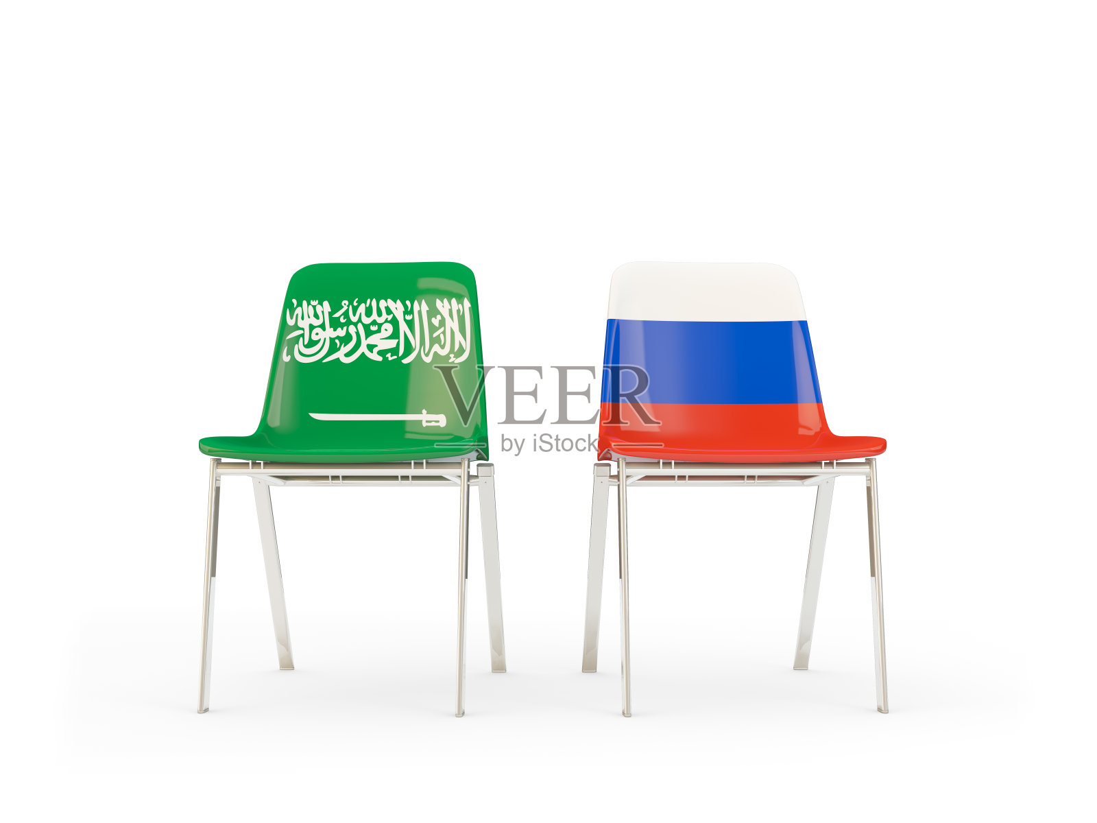 两张挂着沙特阿拉伯和俄罗斯国旗的椅子被白色隔离照片摄影图片