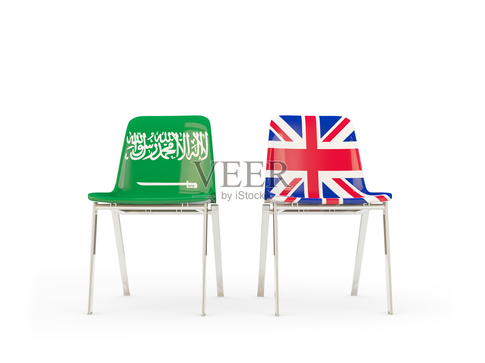 两张印有沙特阿拉伯和英国国旗的椅子被孤立在白色的椅子上照片摄影图片