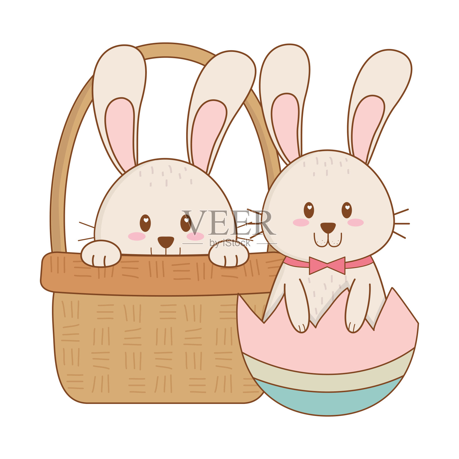 在篮子里画着复活节彩蛋的小兔子插画图片素材