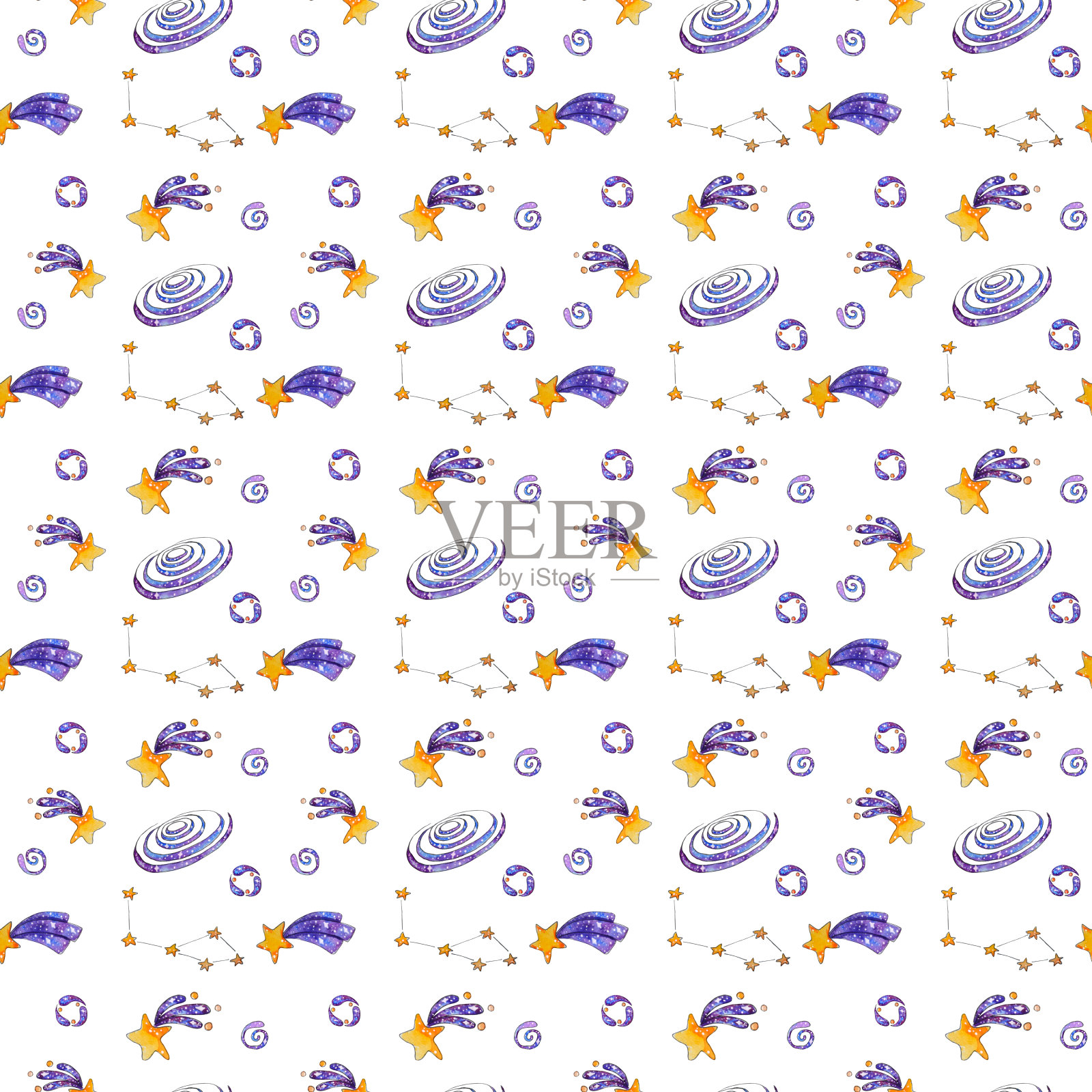 手绘水彩空间无缝图案。插画图片素材