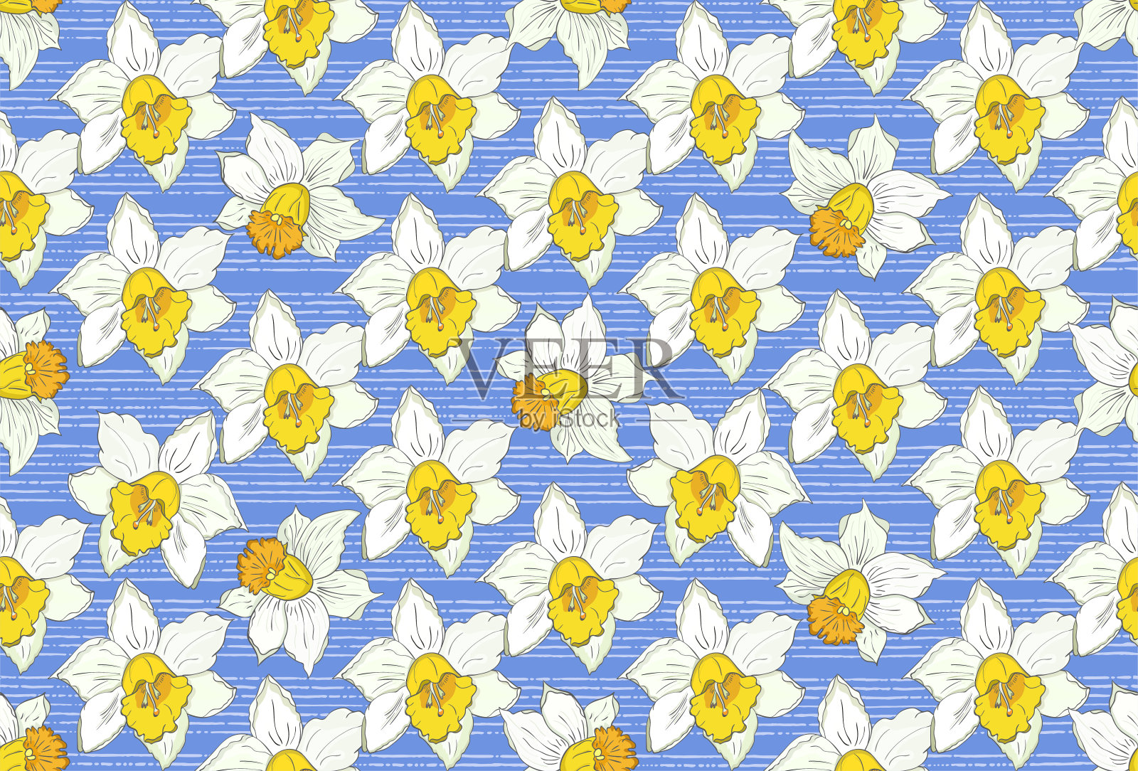 无缝花图案的花水仙在一个蓝色的背景。插画图片素材