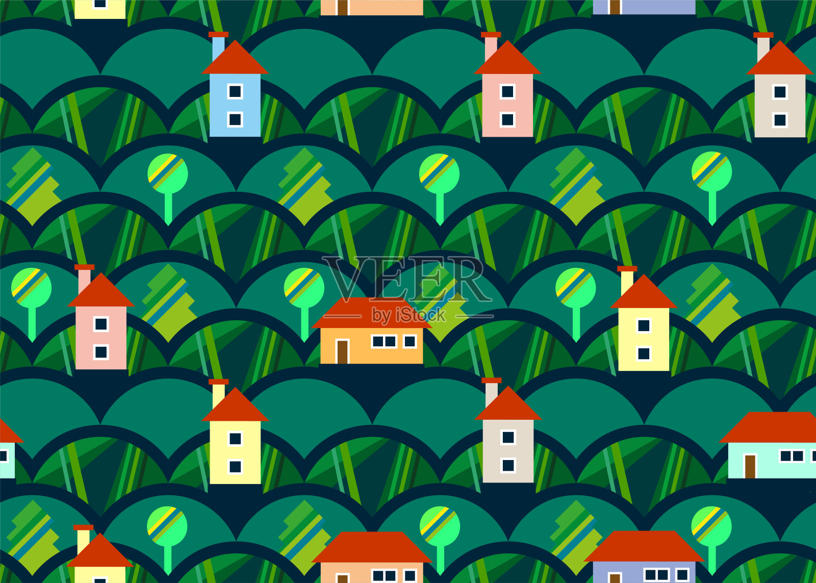 城市无缝模式与彩色房屋和图形树插画图片素材