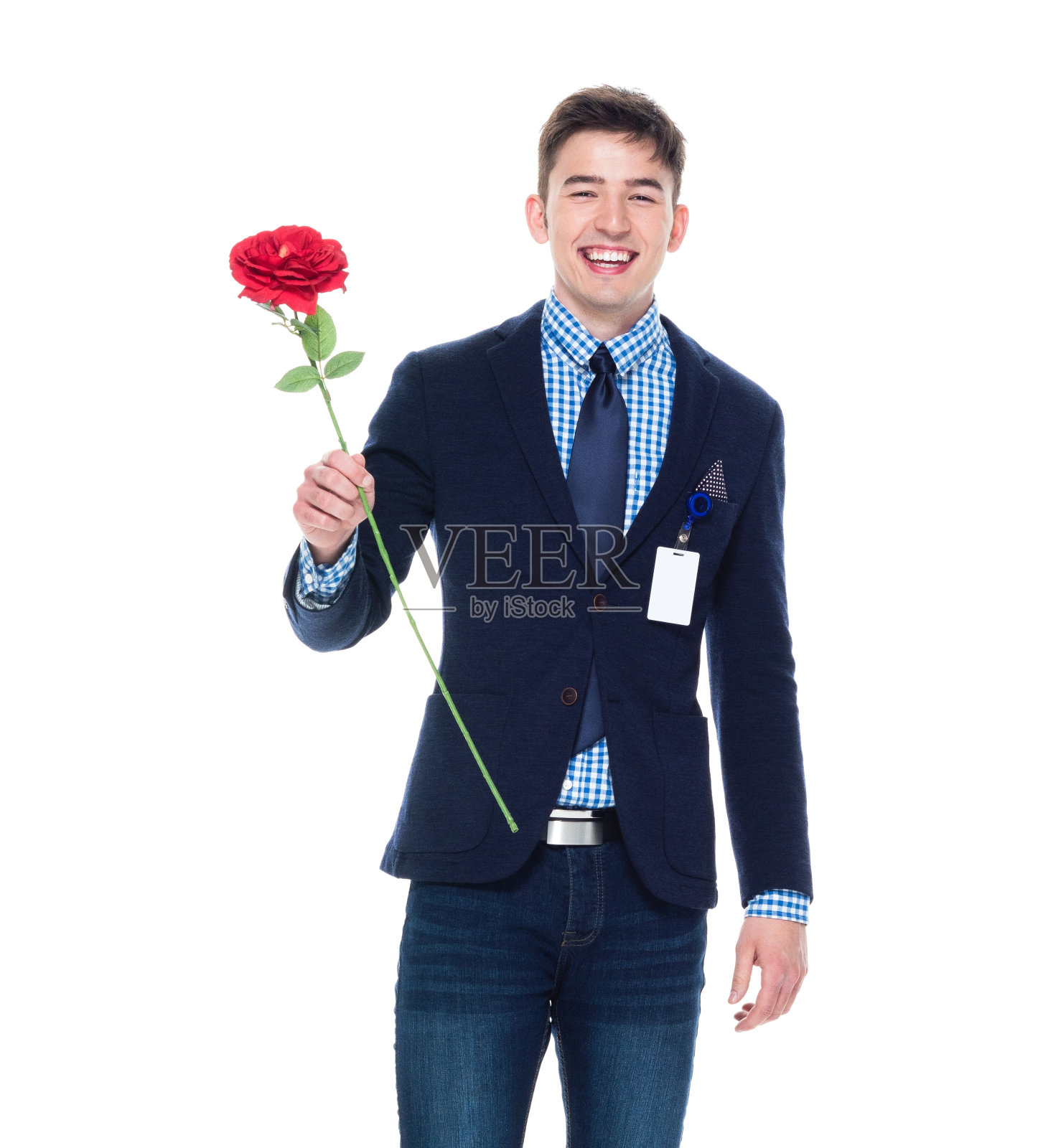 迷人的商人正捧着一朵红玫瑰照片摄影图片