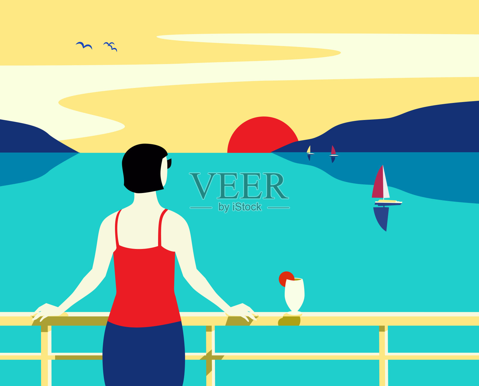 海上邮轮旅游旅行手绘平海报插画图片素材