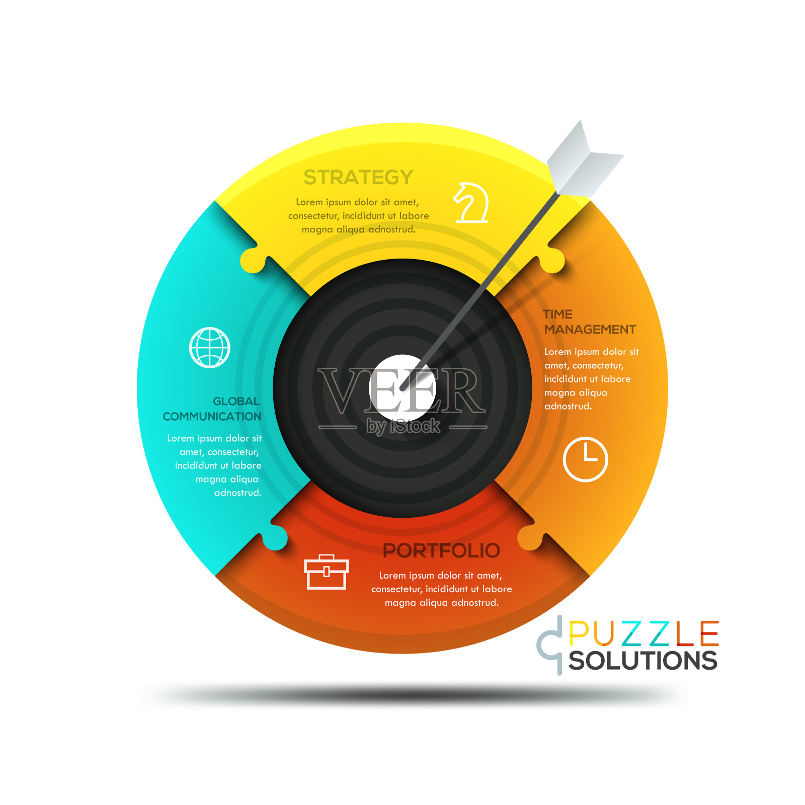 现代信息图形设计模板、拼图目标在形状上分为4部分设计模板素材