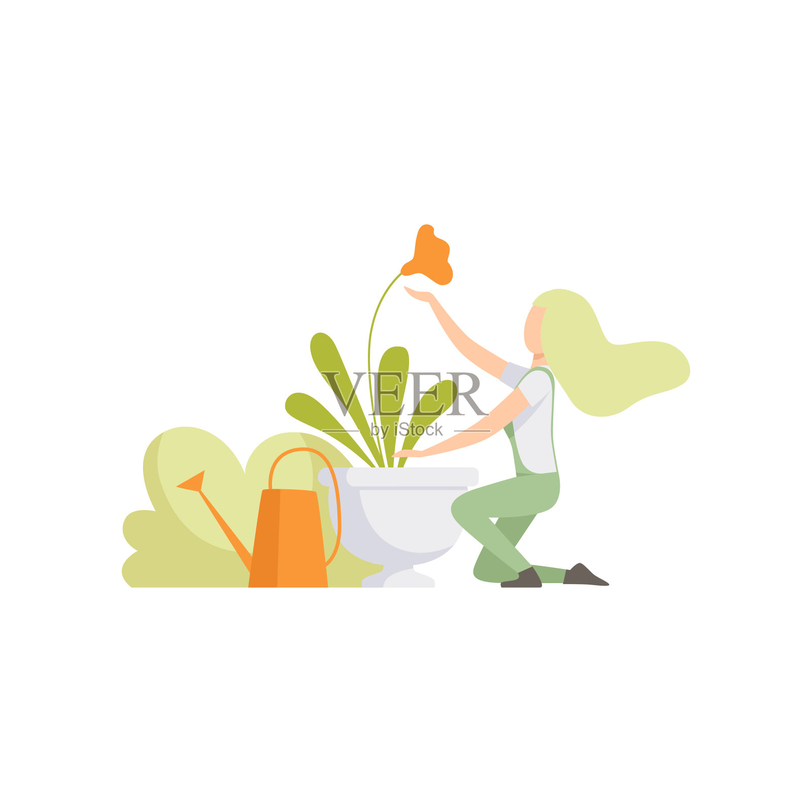 女孩在花园里照顾和浇花，人们在花园里画图矢量设计元素图片