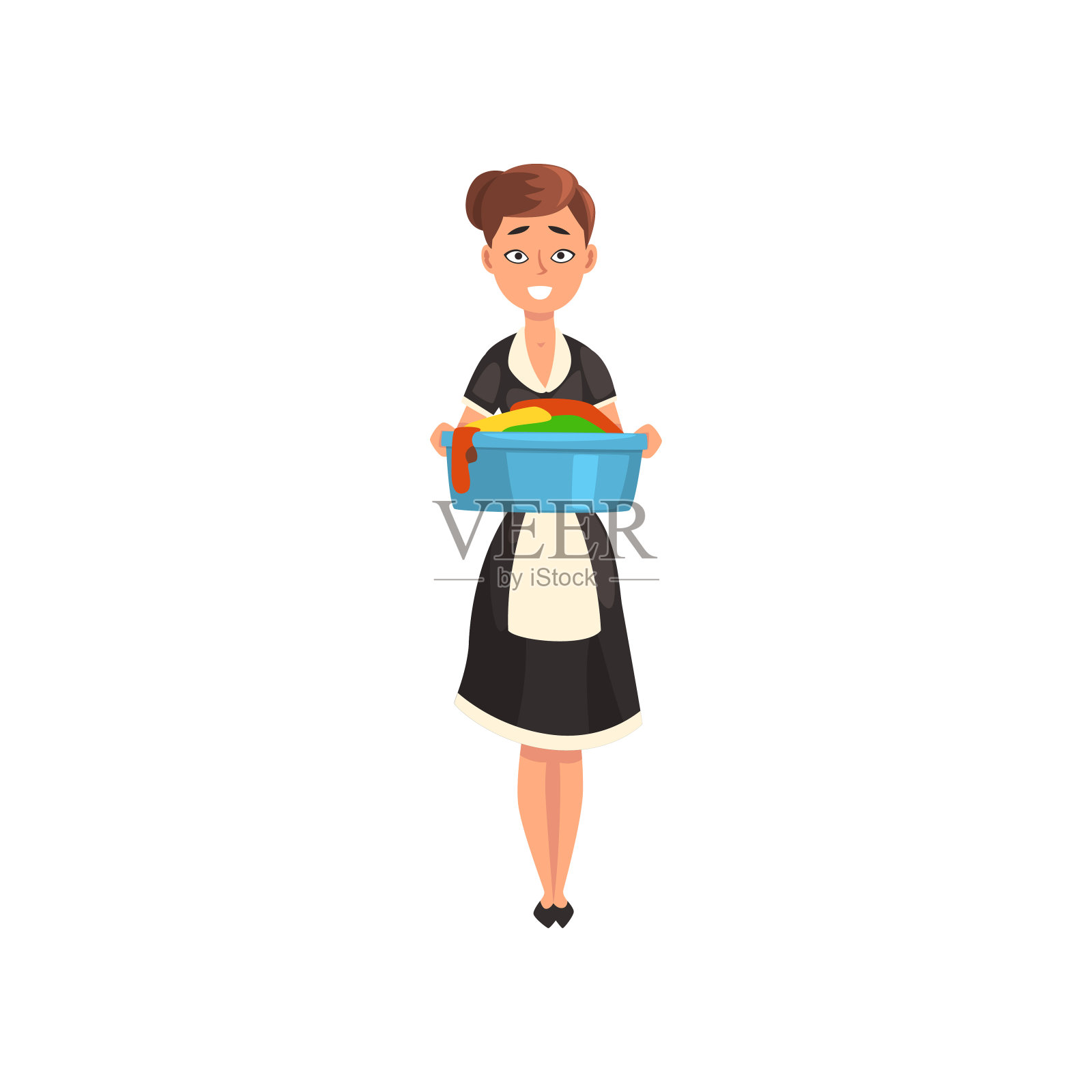 女仆拿着盆里湿干净的亚麻布，女仆角色穿着经典制服，黑色连衣裙和白色围裙，清洁服务矢量插图插画图片素材