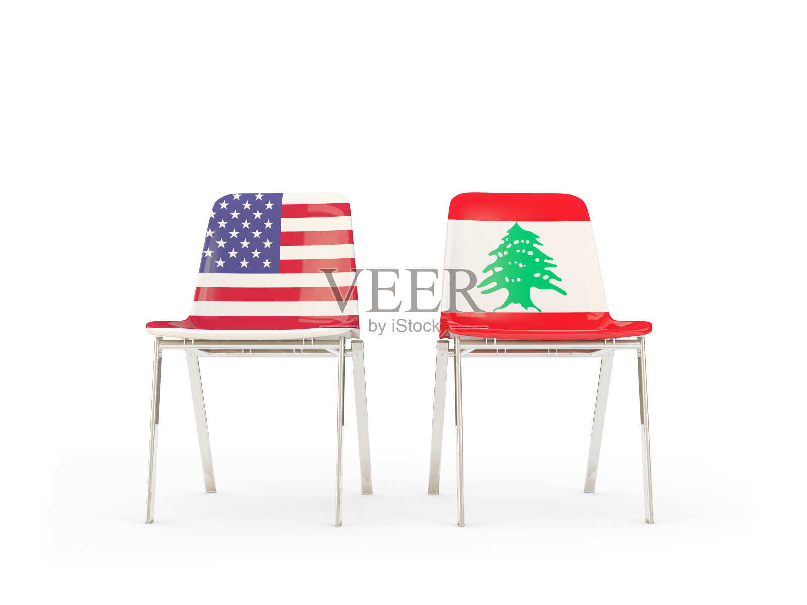 两张印有美国国旗和黎巴嫩国旗的椅子被孤立在白色上照片摄影图片