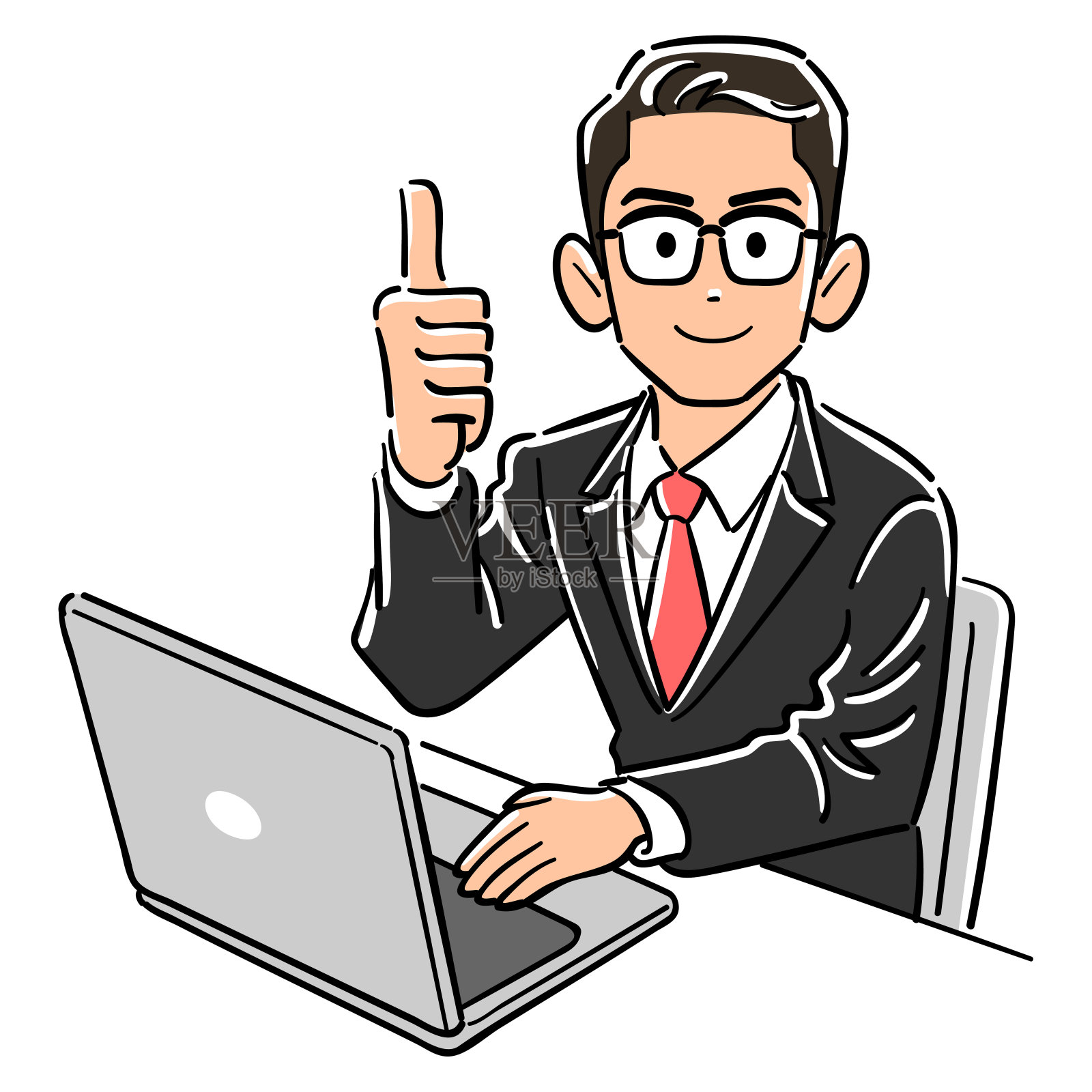 一位戴着眼镜操作个人电脑的商人竖起大拇指设计元素图片