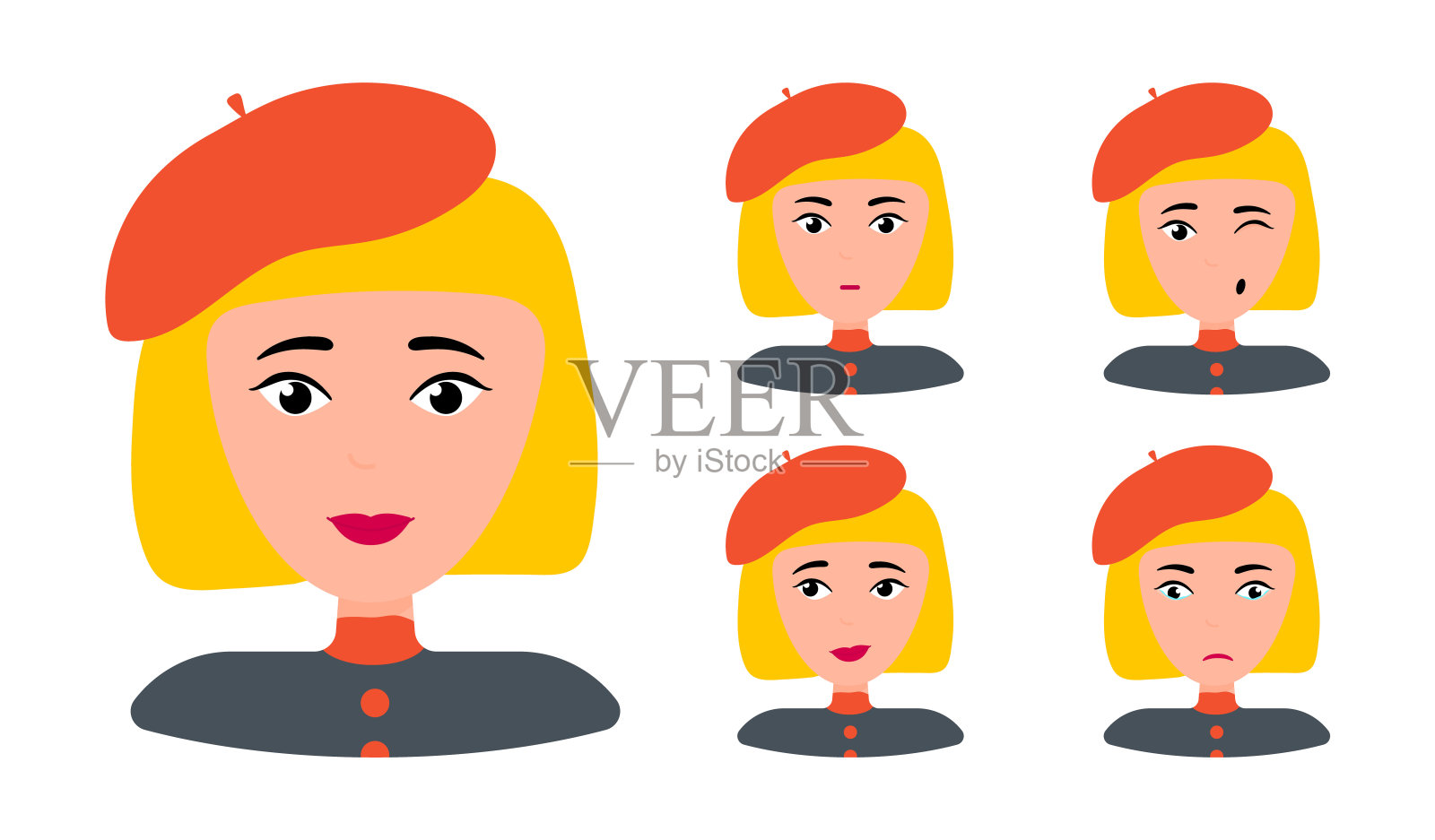 美丽的女人肖像与不同的表情集孤立插画图片素材