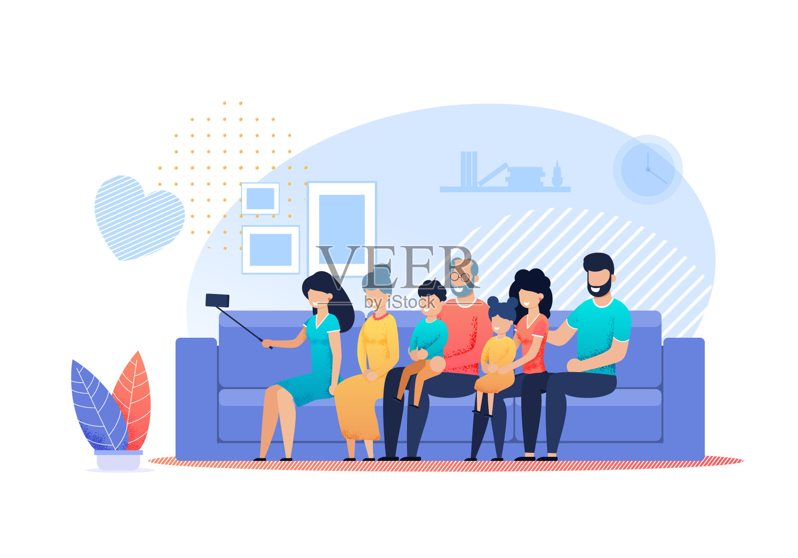 幸福家庭自拍在家矢量平面卡通插画图片素材