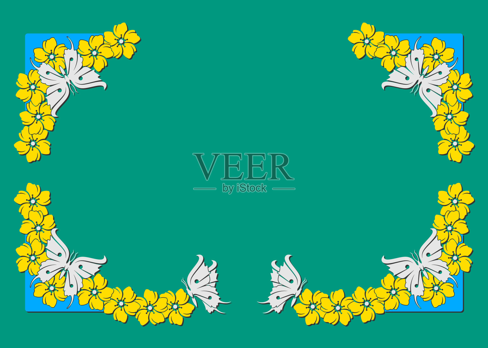 正上方蓝色背景下的花朵插画图片素材