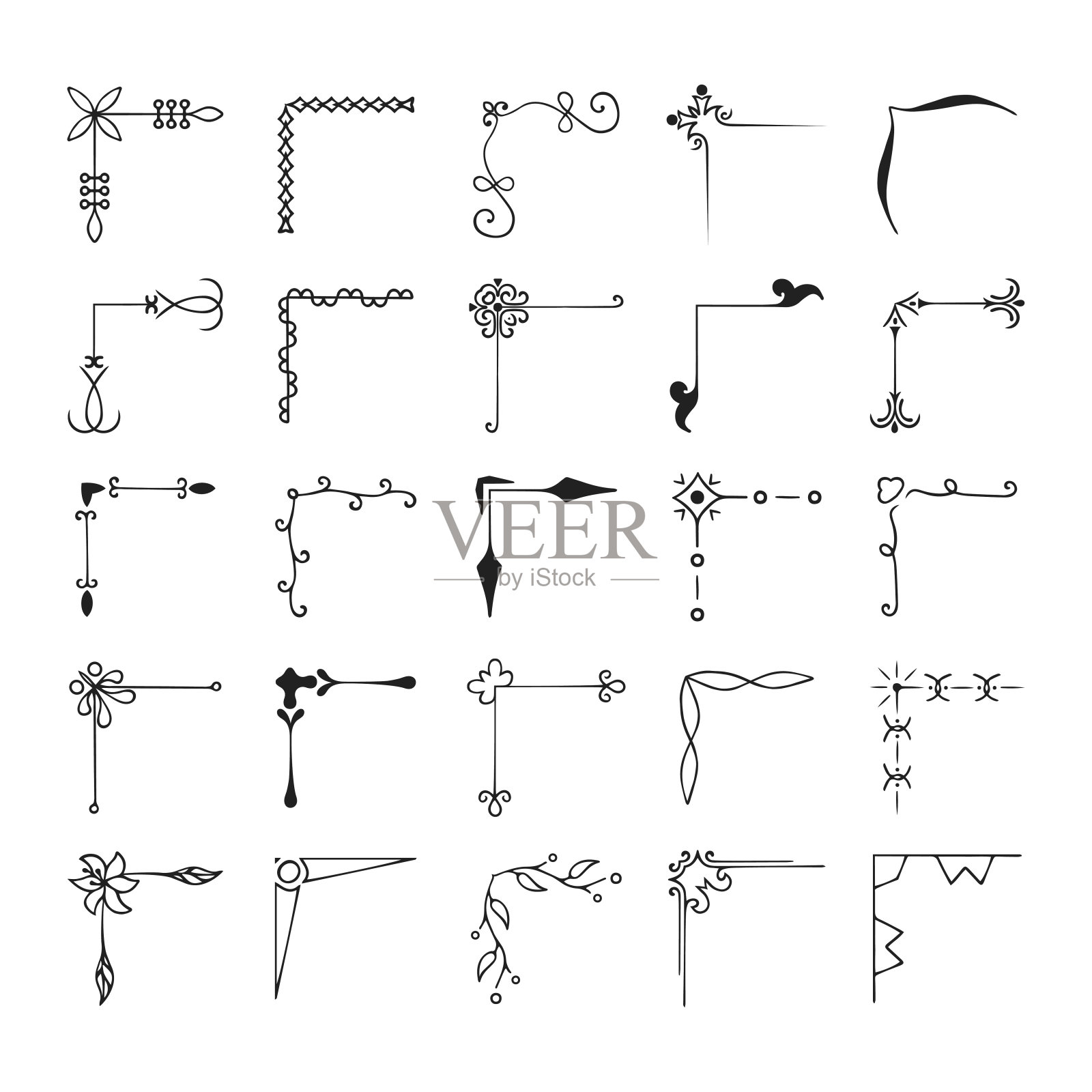 手绘金银丝角和图案婚礼边界。繁体文字装饰元素在复古风格。漩涡的帧。插画图片素材