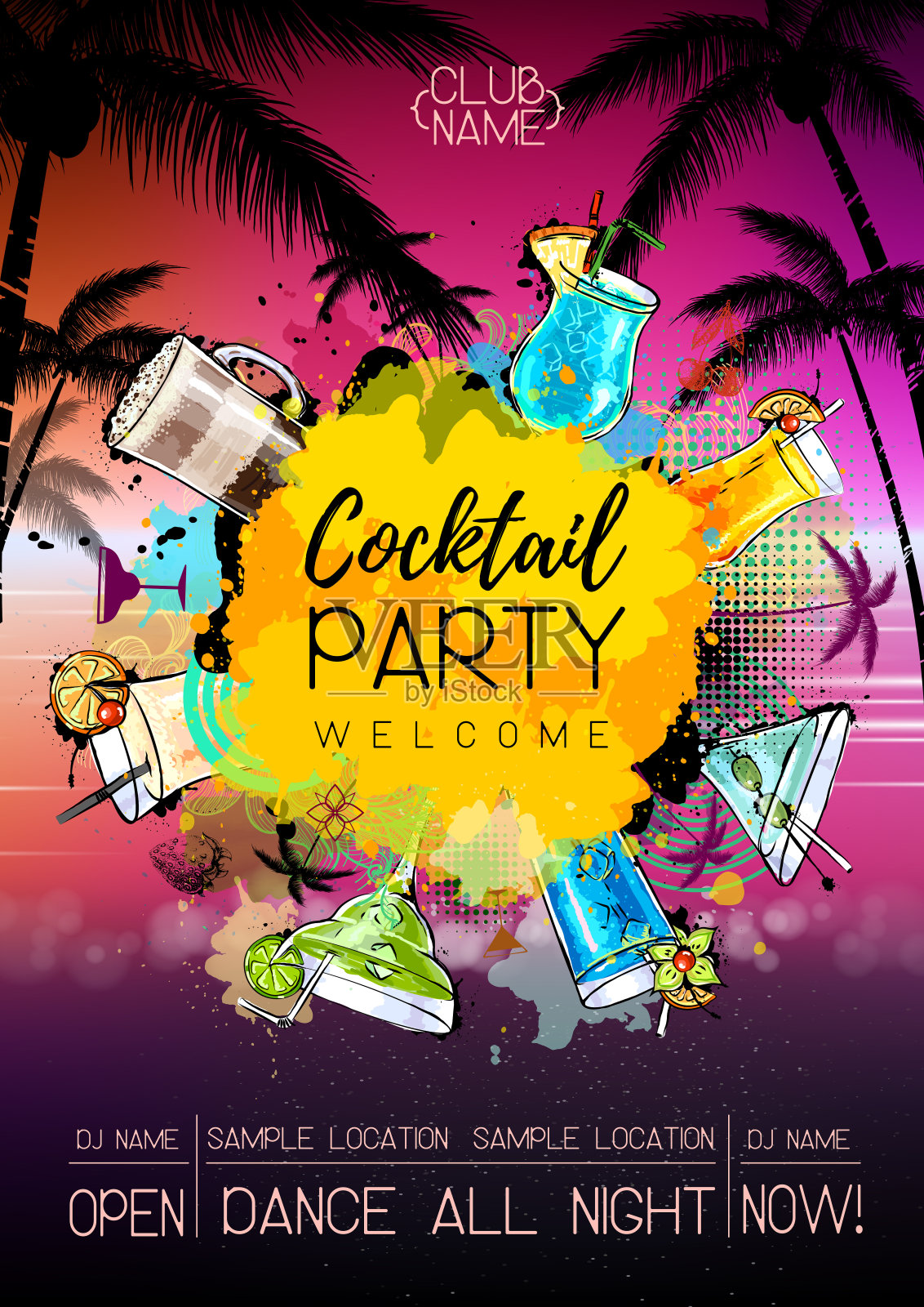 夏日鸡尾酒会海报设计。鸡尾酒菜单插画图片素材