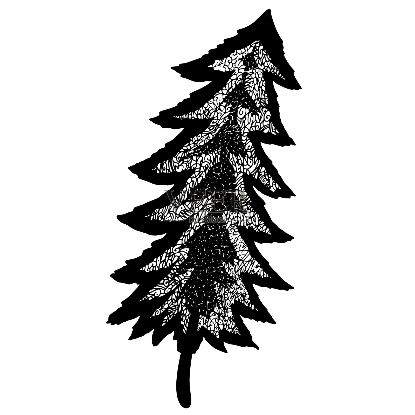 优雅的马赛克镂空森林树木，白色背景上手绘的神秘森林线条艺术插画图片素材