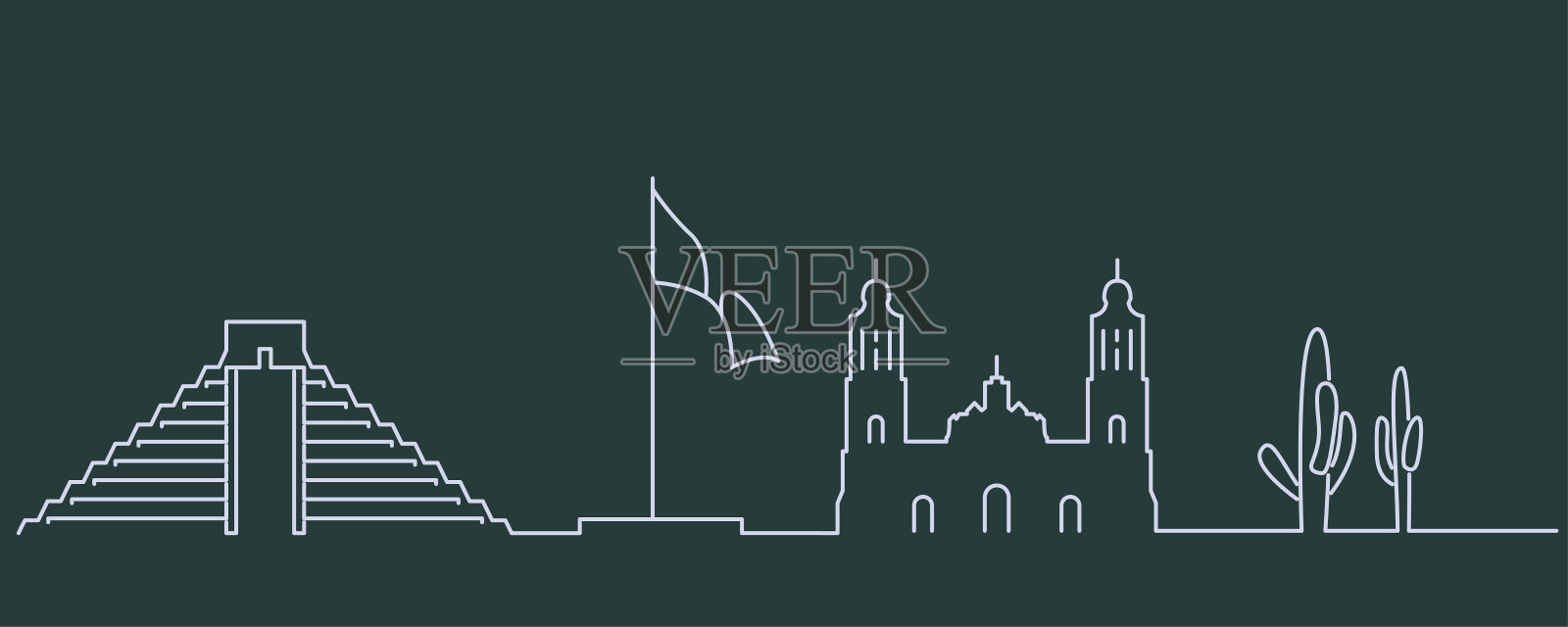 墨西哥简单线条、天际线和地标剪影插画图片素材