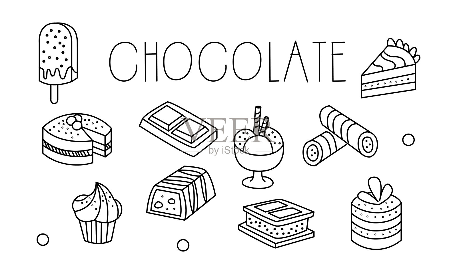 矢量组的巧克力甜点在素描风格。冰淇淋，蛋糕和纸杯蛋糕，糖果和三明治饼干。甜的食物插画图片素材