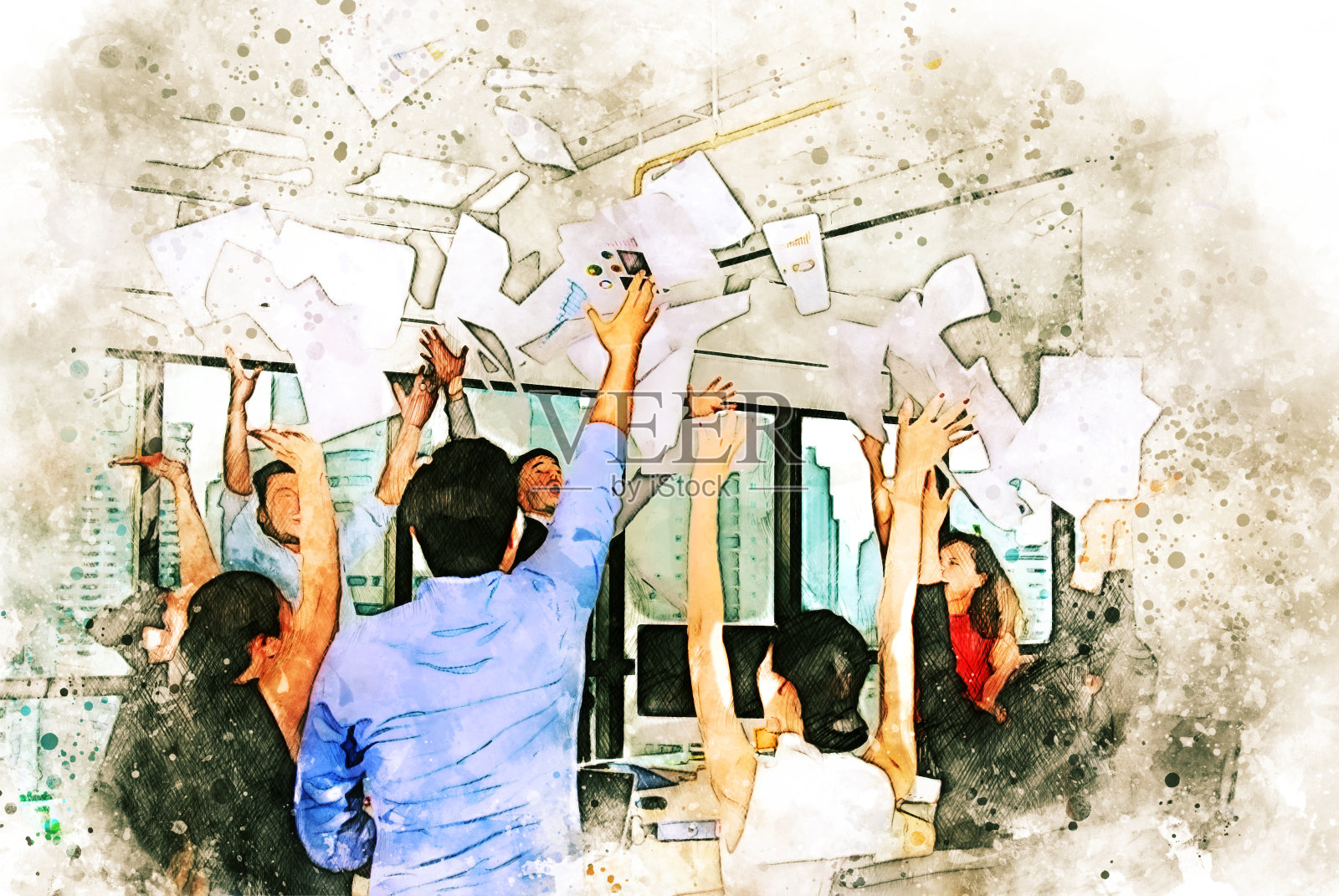 抽象的彩色形状上的商业人士的快乐成功和聚会的工作成功的水彩插画画的背景。插画图片素材