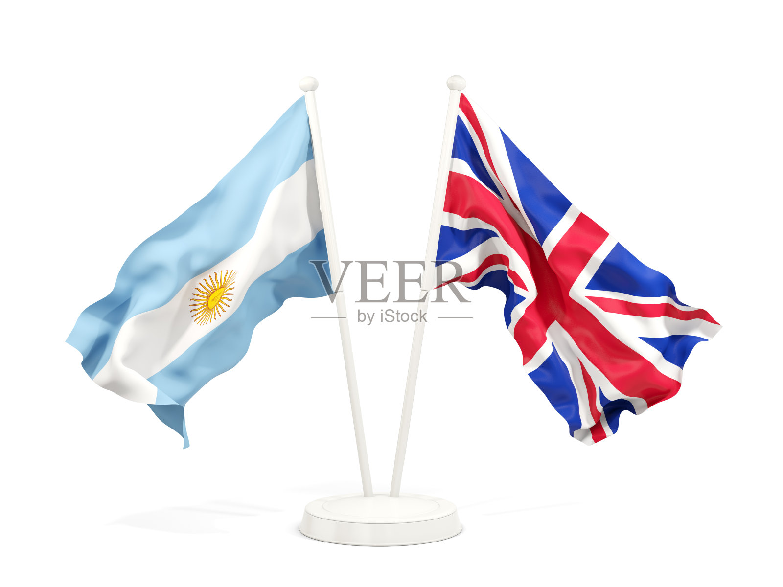 两面飘扬着的阿根廷和英国国旗被白色隔离照片摄影图片